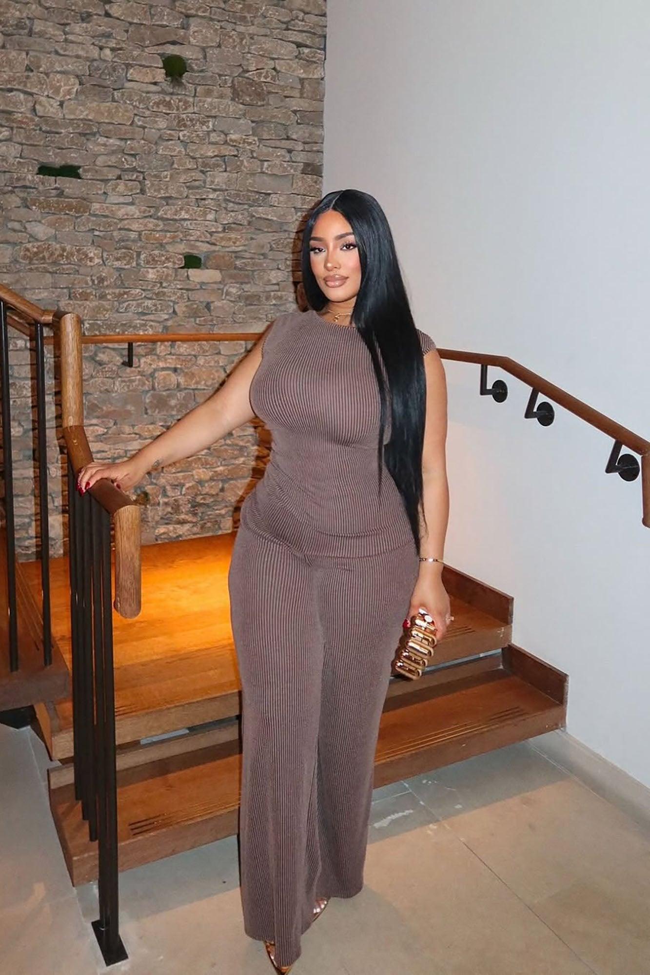 Amaya Ribbed Pant Set - Brown Product Image