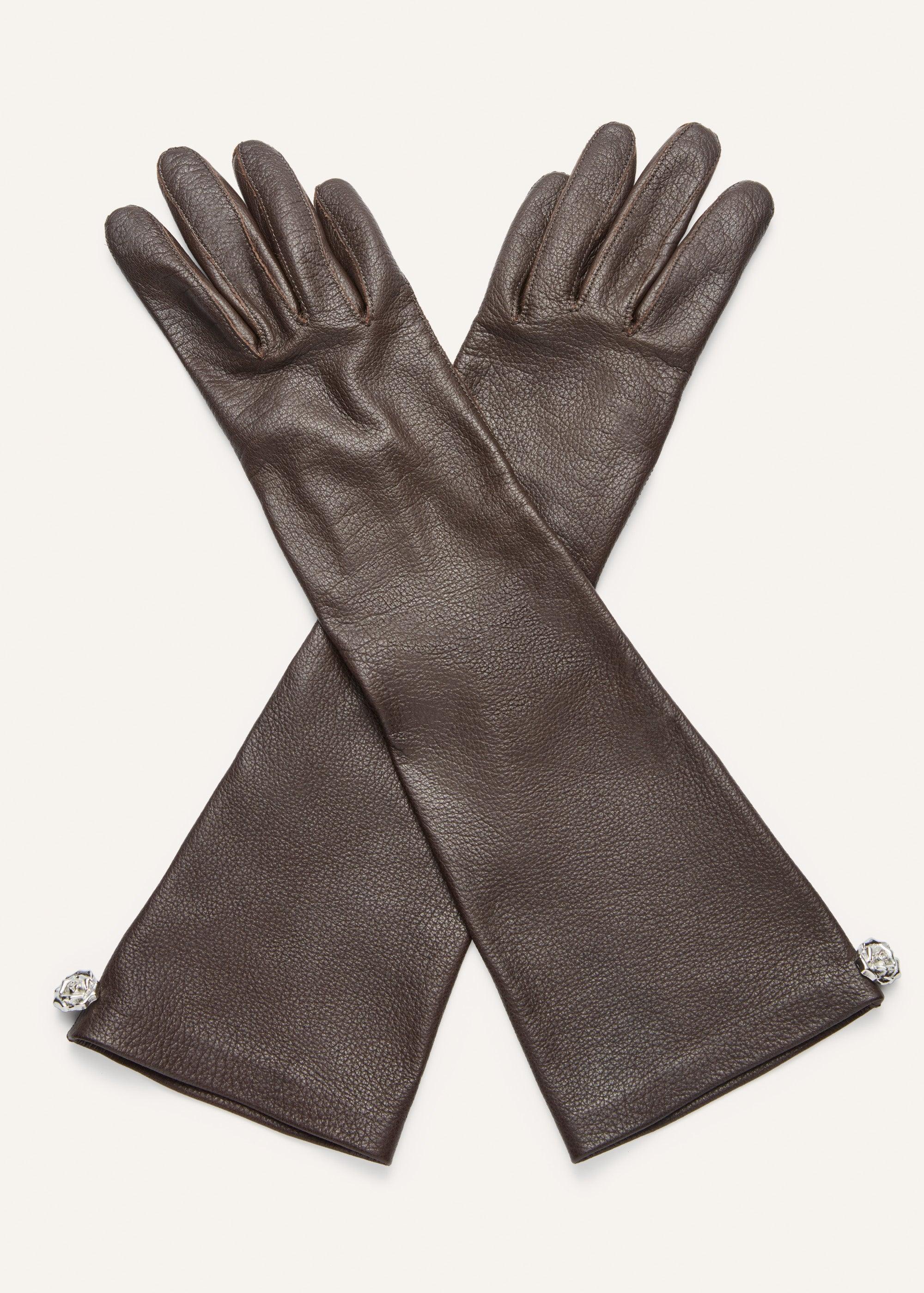 Rose detail leather gloves in brown Product Image