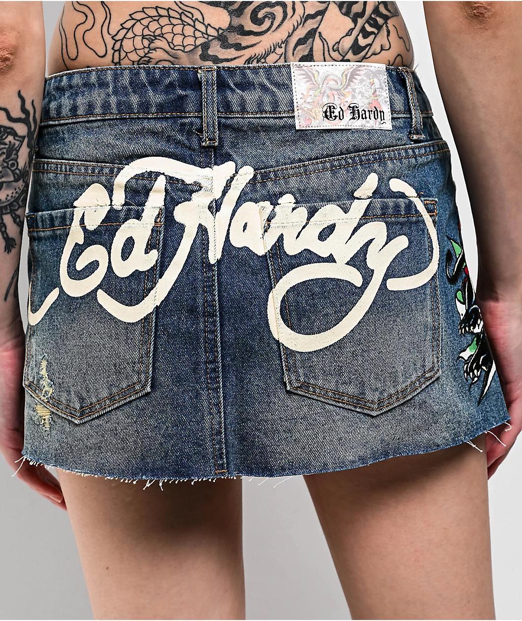 Ed Hardy Panther Dagger Dark Blue Cutoff Denim Mini Skirt Product Image