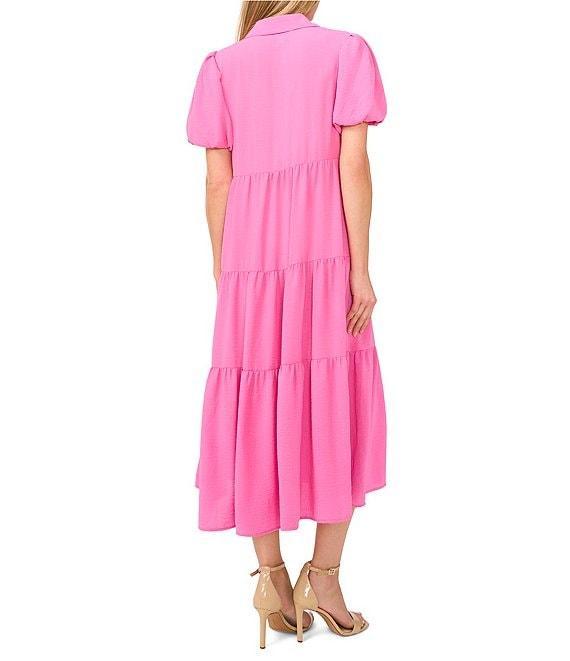 CeCe Gauze Point Collar Short Puff Sleeve Button Front Tiered Midi Shirt Dress Product Image