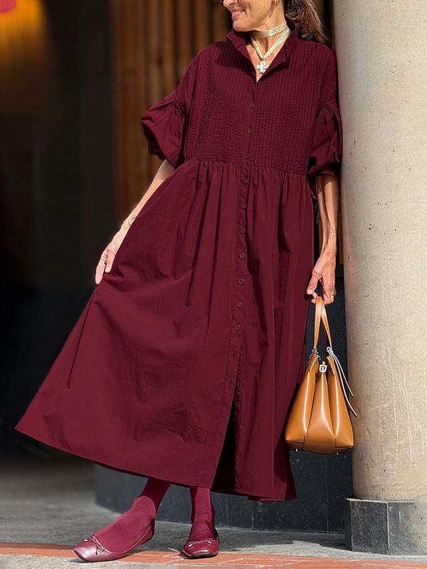 Half Sleeves Loose Buttoned Pleated Solid Color Tied Waist Stand Collar Maxi Dresses Product Image