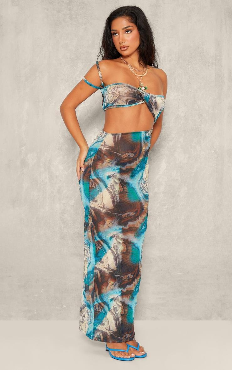 Petite Blue Printed Crushed Mesh Cut Out Maxi Dress Product Image