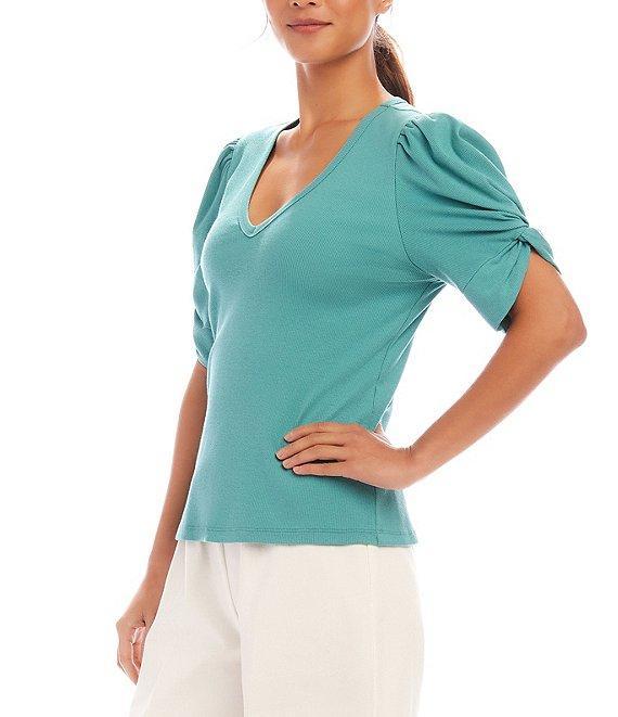 Karen Kane Petite Size Twisted Short Puff Sleeve V-Neck Top Product Image