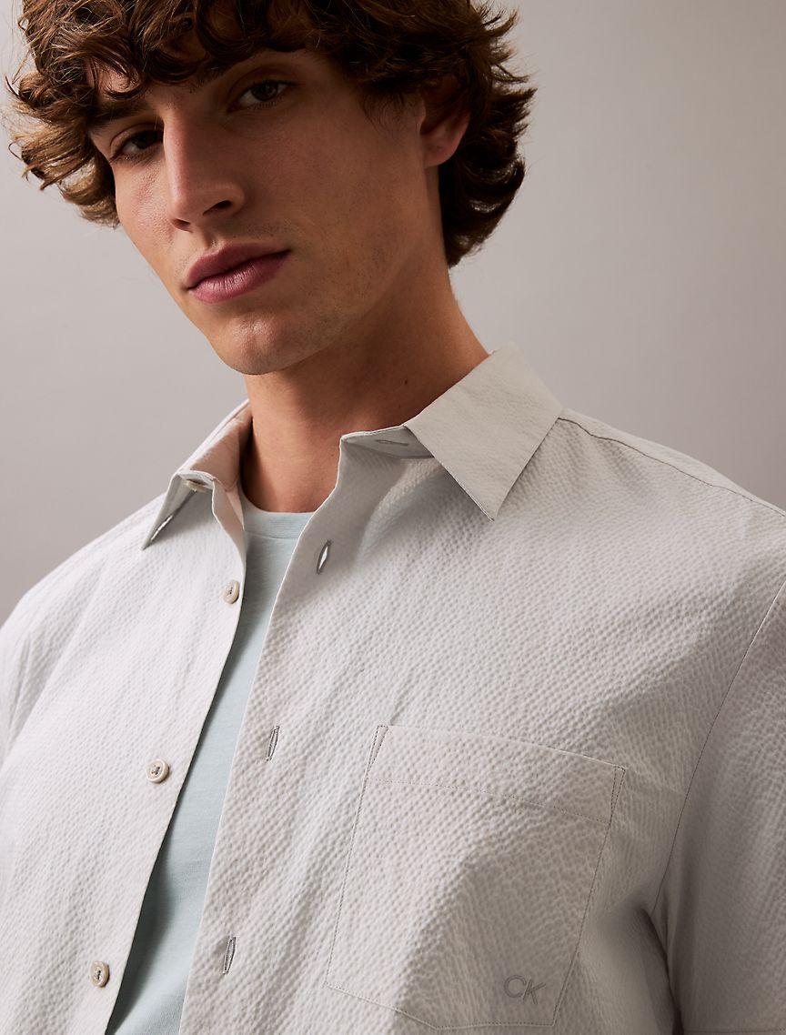 Calvin Klein Mens Solid Seersucker Classic Button-Down Shirt - White Product Image