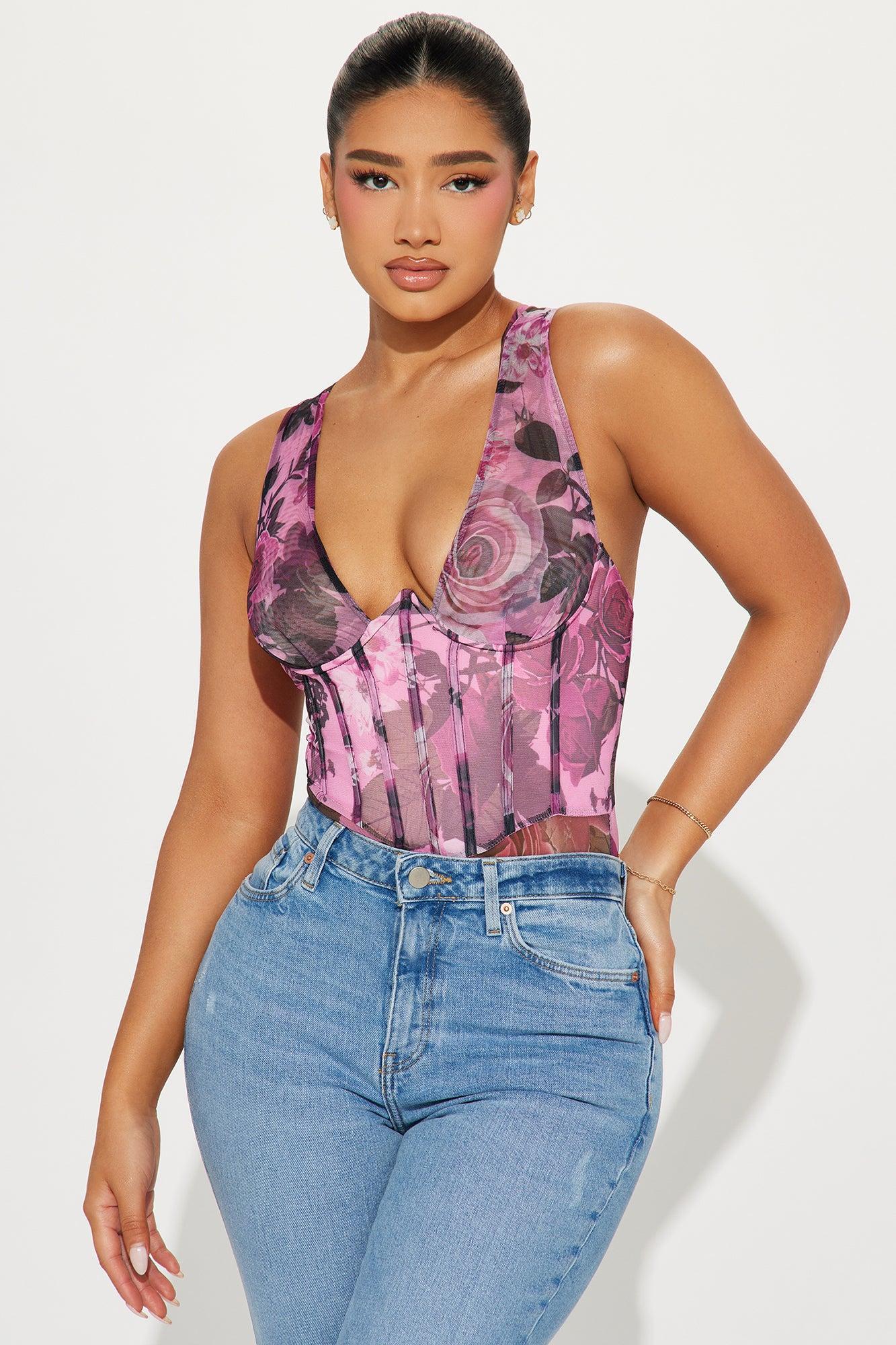 Marlene Floral Mesh Bodysuit - Purple/combo Product Image