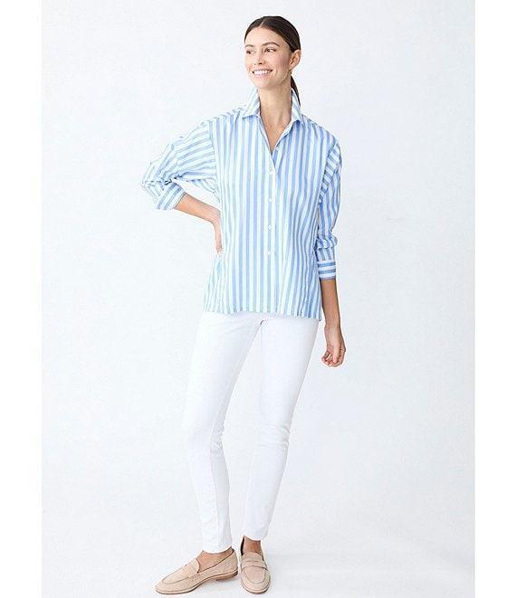 J.McLaughlin Alexis Cotton Sateen Stripe Print Point Collar Long Sleeve Button Front Blouse Product Image