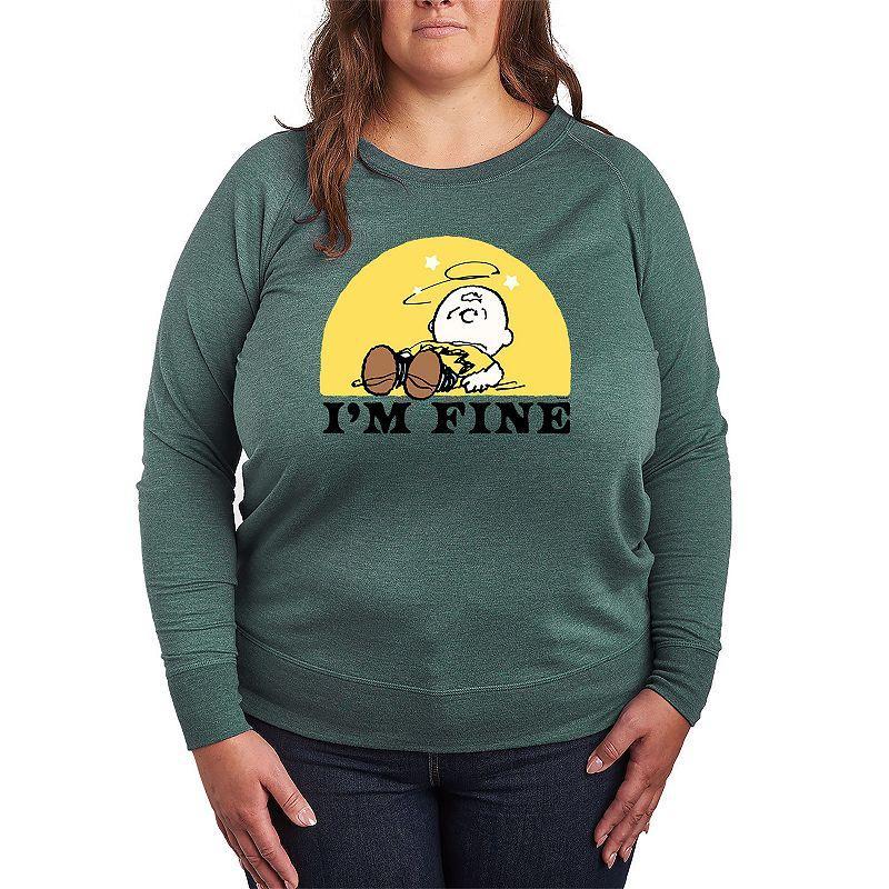 Plus Size Peanuts Charlie Brown Im Fine French Terry Long Sleeve Tee, Womens Product Image