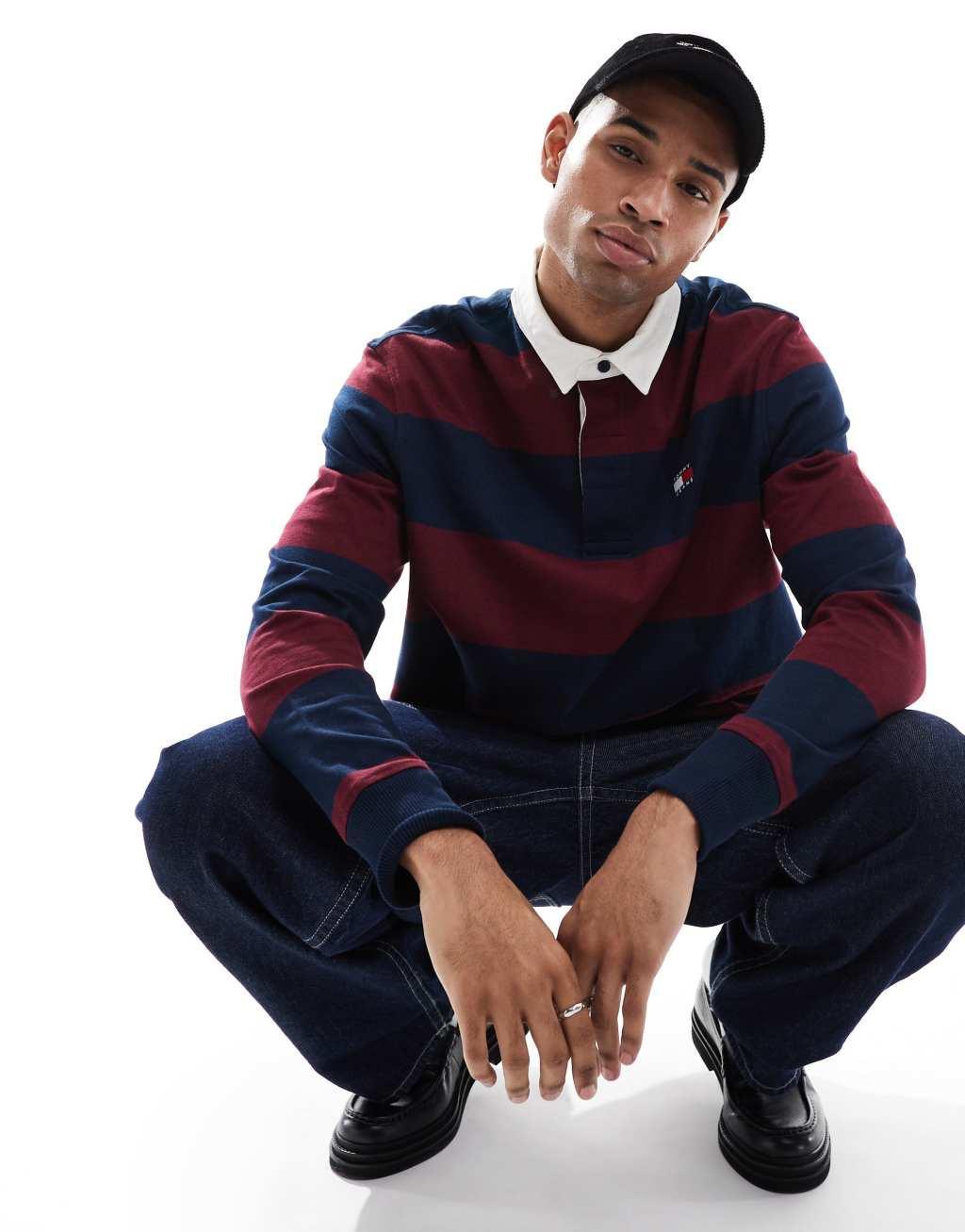 Tommy Jeans stripe rugby top in navy and burgundy Product Image