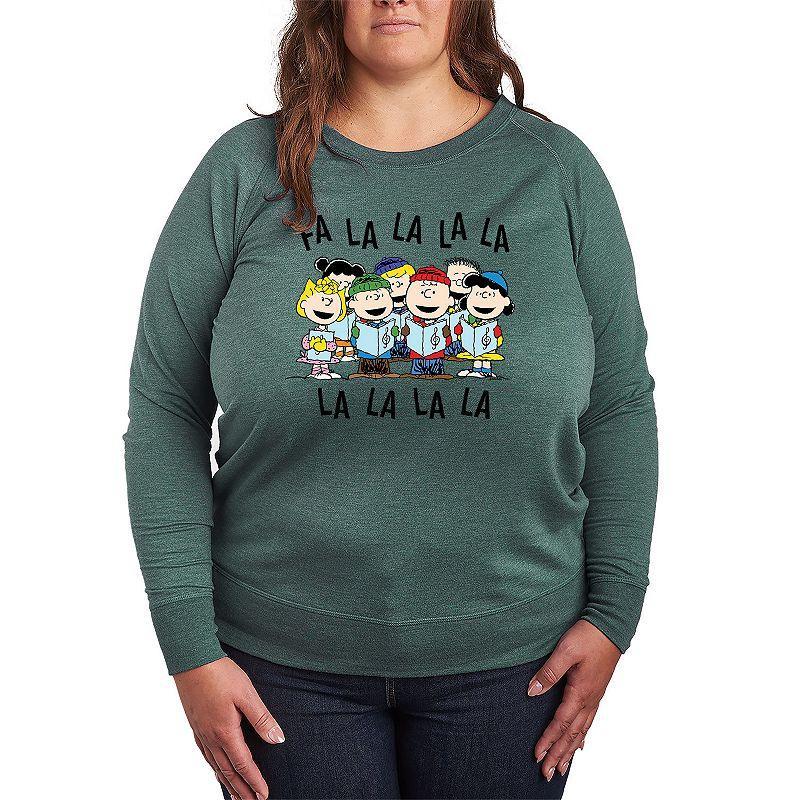 Plus Size Peanuts Fa La La French Terry Long Sleeve Tee, Womens Grey Green Product Image