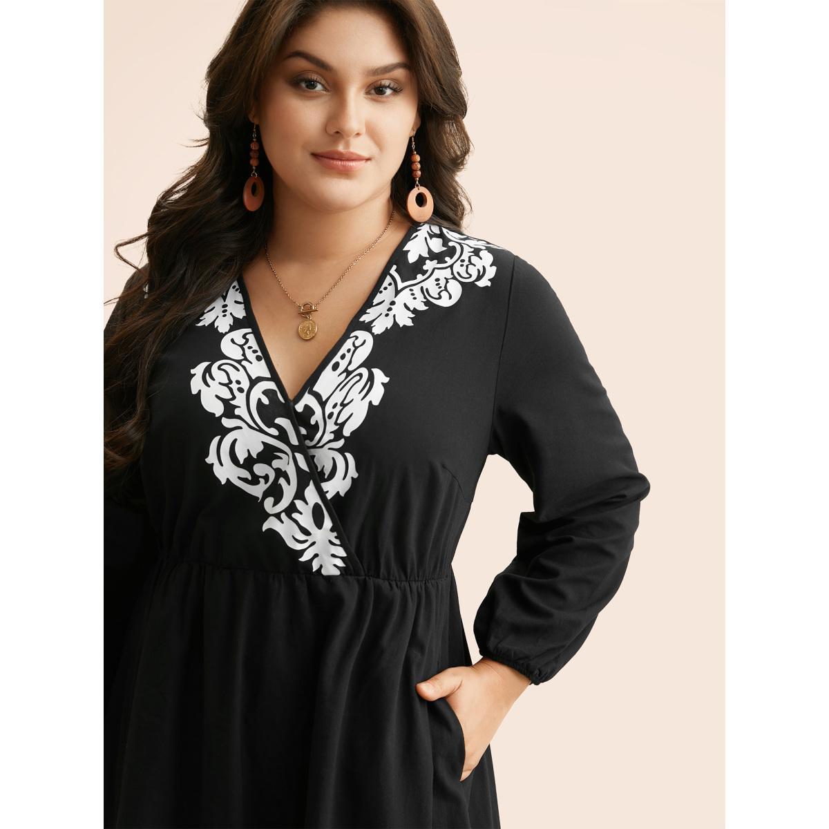Plus Size Boho Print Overlap Collar Midi Dress Black Women Resort Non Overlap Collar Long Sleeve Curvy BloomChic 18-20/2X Product Image