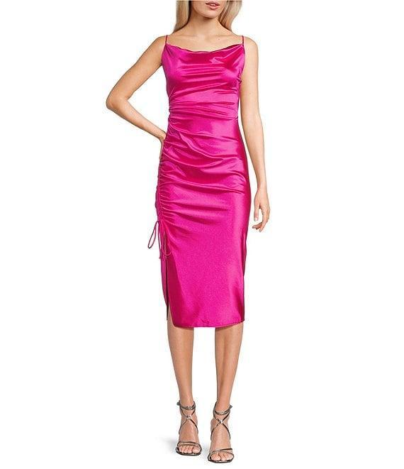 B. Darlin Satin Cowl Neck Drawstring Side Slit Midi Dress Product Image