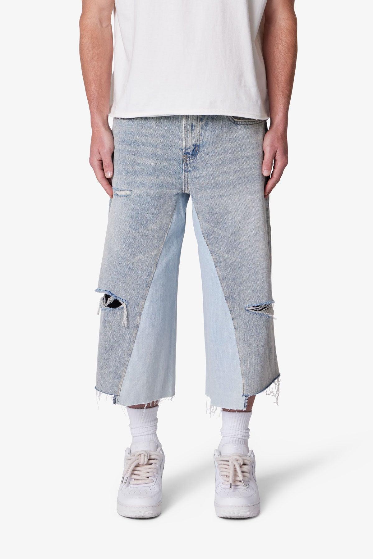 Panelled Denim Shorts - Washed Light Blue Product Image