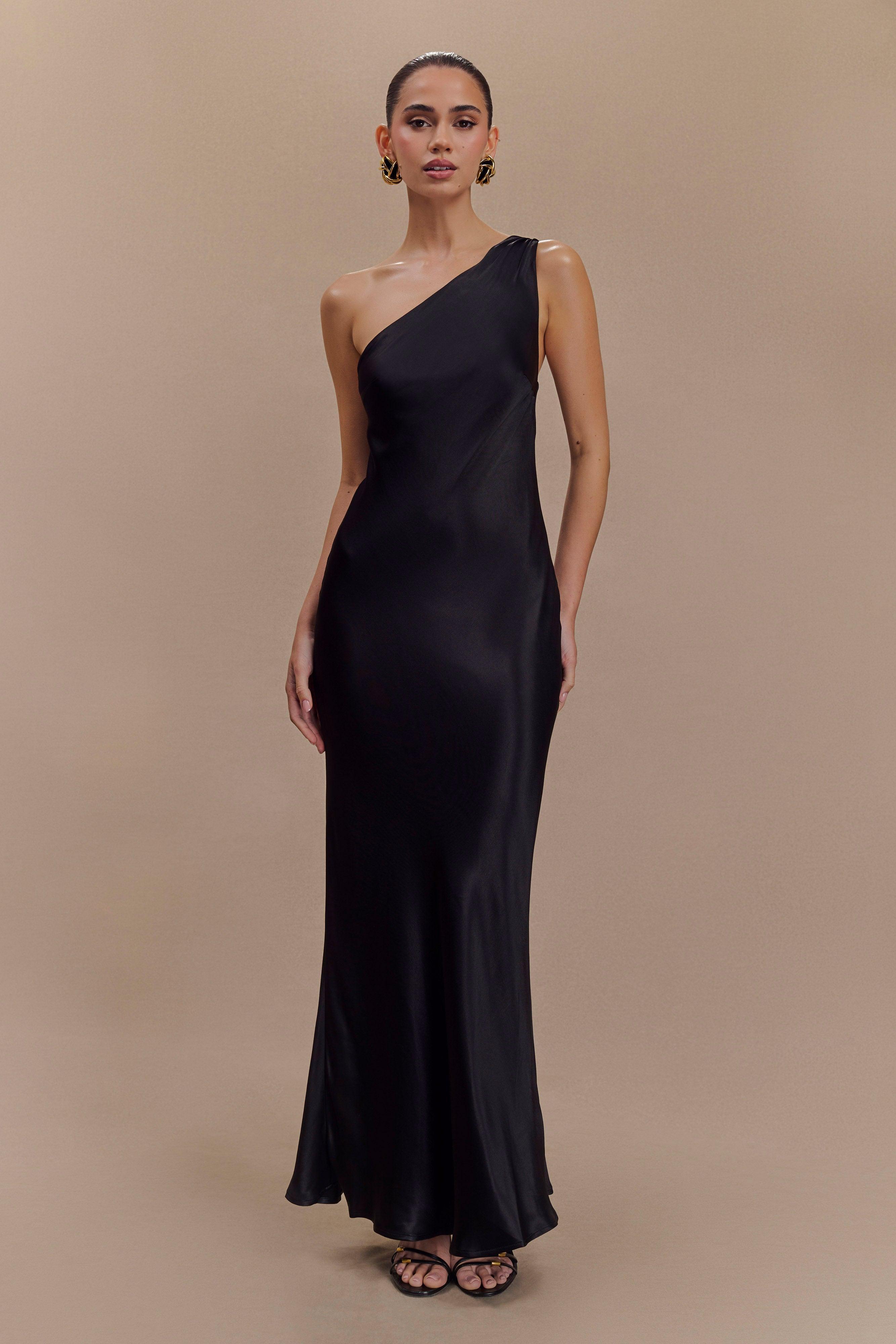 Camille One Shoulder Satin Maxi Dress - Black Product Image