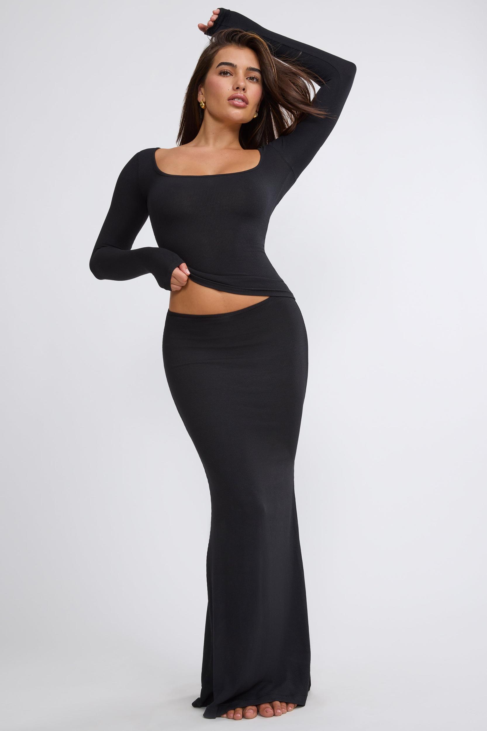 Ribbed Modal Mid Rise Maxi Skirt in Black Product Image