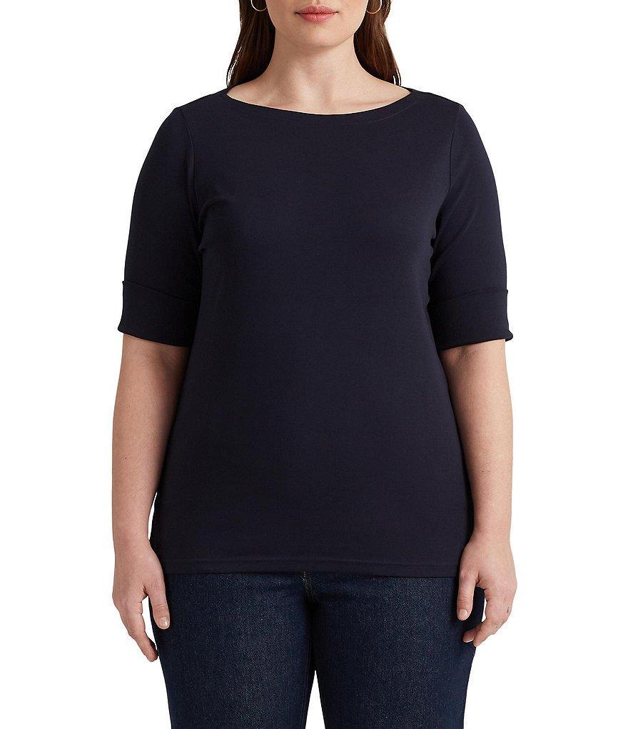 Lauren Ralph Lauren Plus Size Stretch Cotton Boat Neck Short Folded Elbow Sleeve Top Product Image