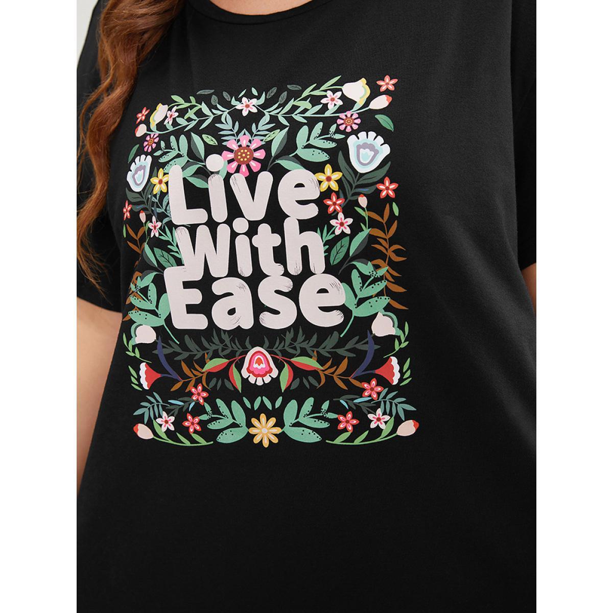 Plus Size Floral & Slogan Print Slightly Stretchy Casual T-shirt Black Women Casual Plain Natural Flowers Dailywear T-shirts BloomChic 14-16/1X Product Image