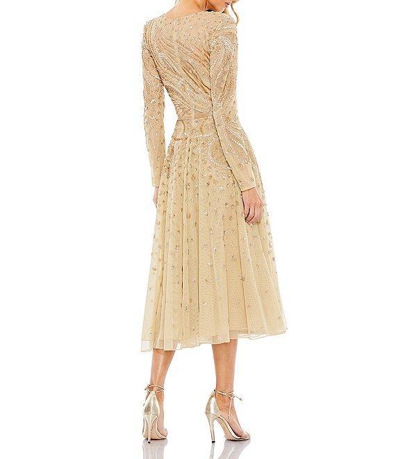 Mac Duggal Crew Neck Long Sleeve Beaded A-Line Midi Dress Product Image