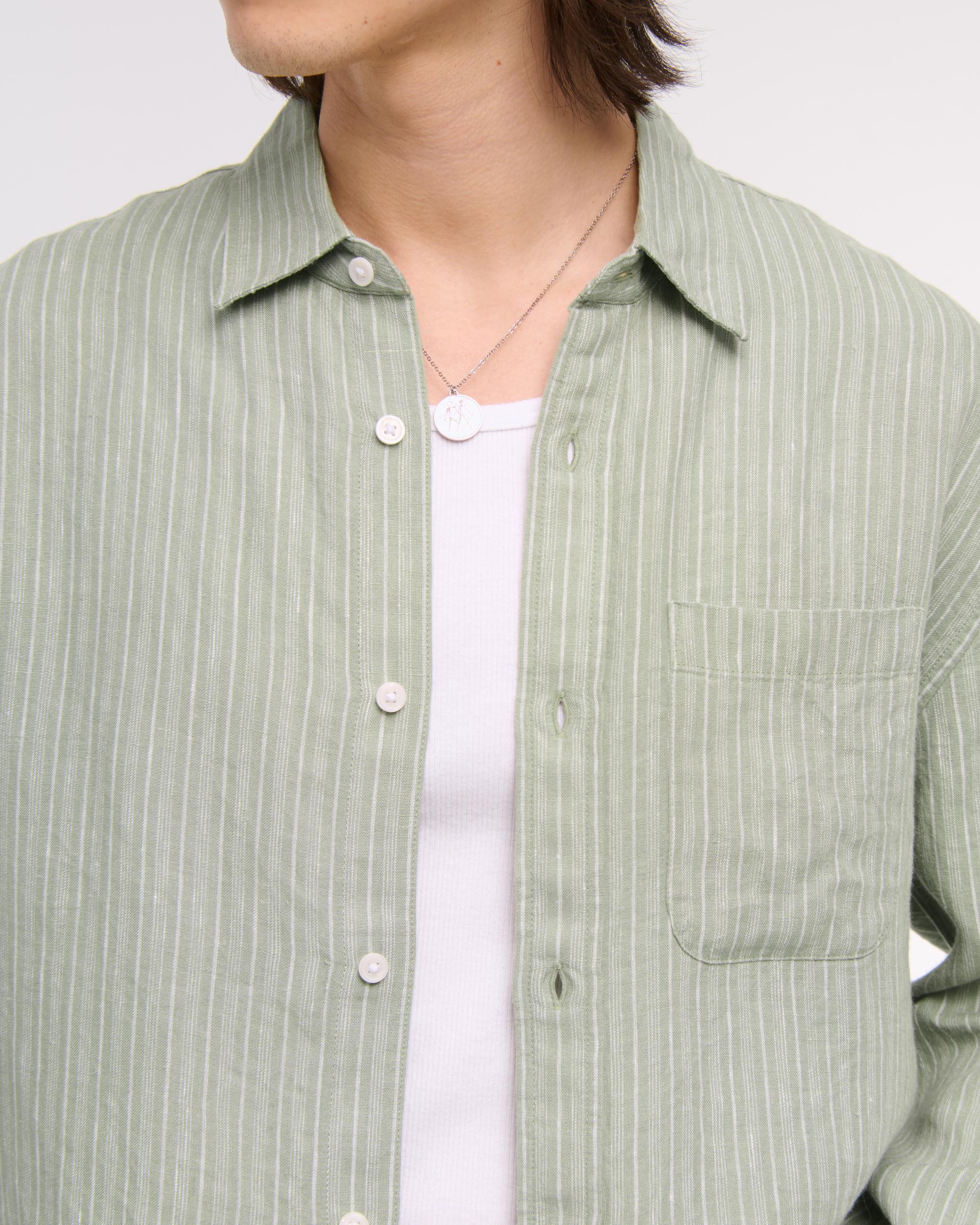 Cropped Linen Button-Up Shirt Product Image