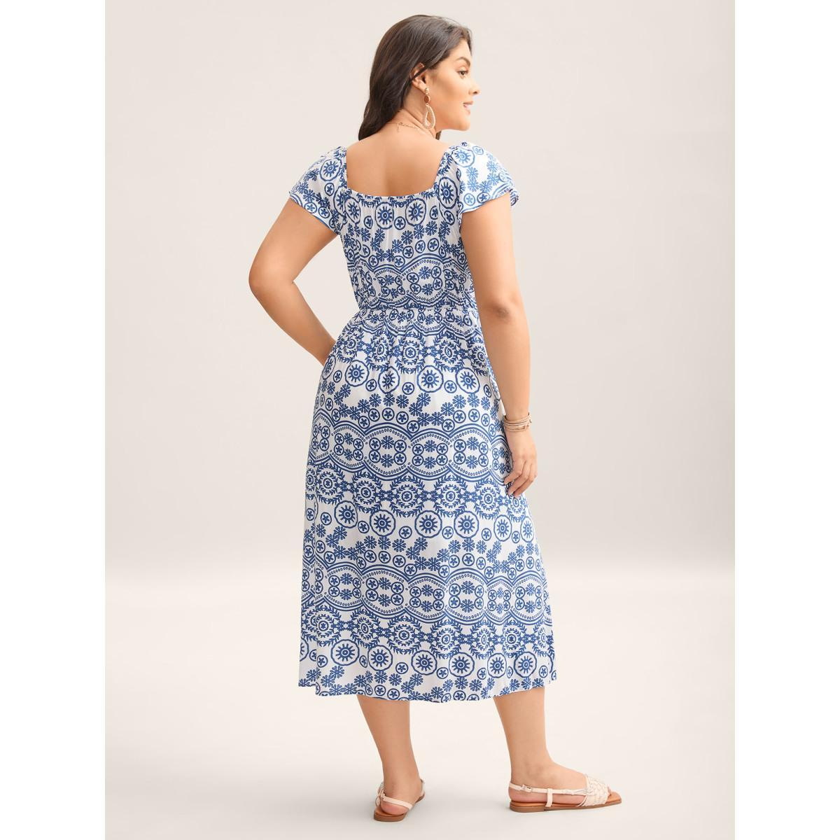 Plus Size Geometric Print Pockets Flowy Midi Dress DarkBlue Women Boho Heart neckline Cap Sleeve Curvy BloomChic 12/L Product Image