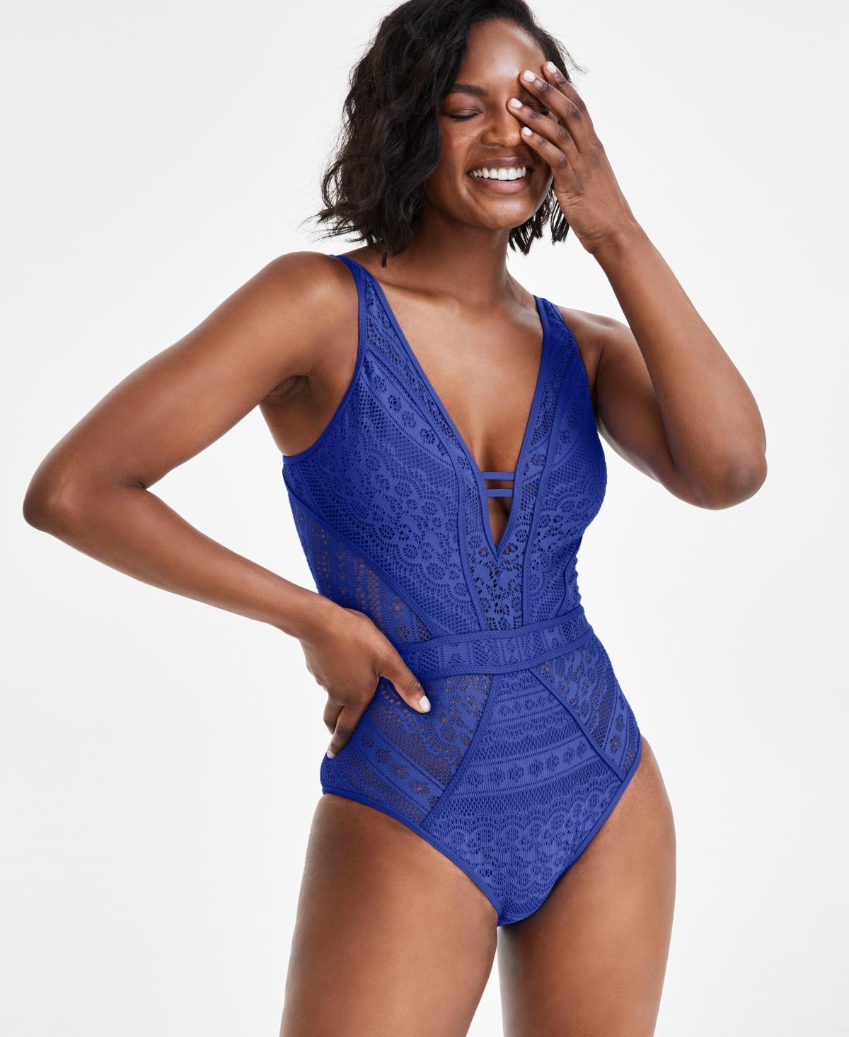 Becca Womens Crochet Plunging One-Piece Keyhole Swimsuit Product Image