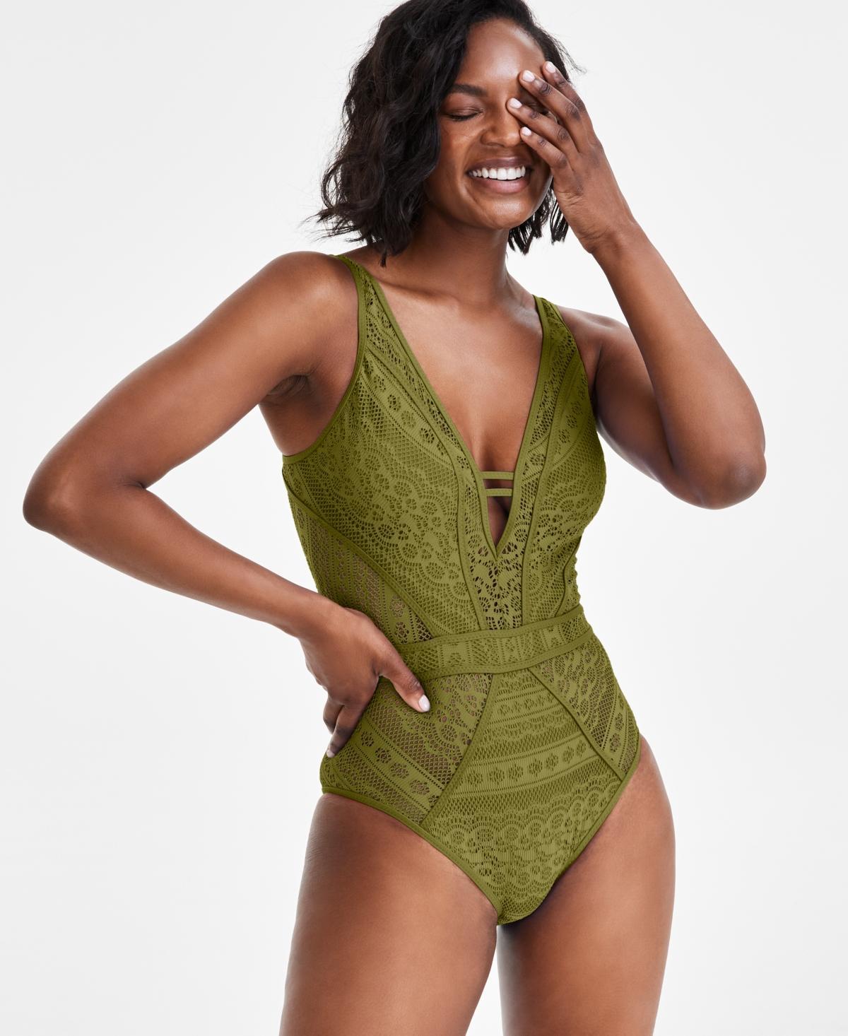 Becca Womens Crochet Plunging One-Piece Keyhole Swimsuit Product Image