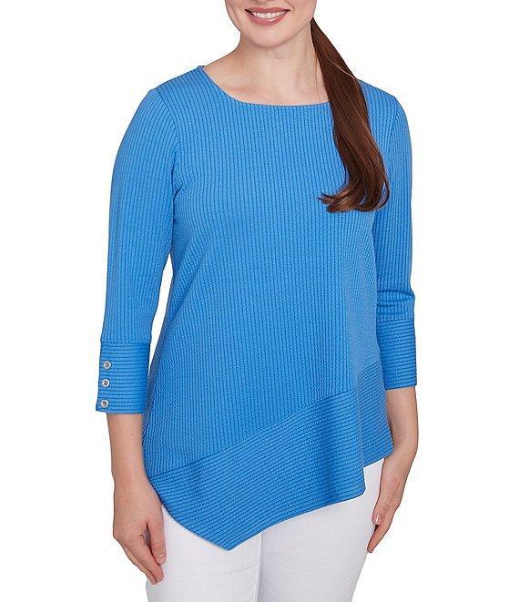 Ruby Rd. Knit Cable Stripe Square Neck 3/4 Sleeve Asymmetric Hem Top Product Image