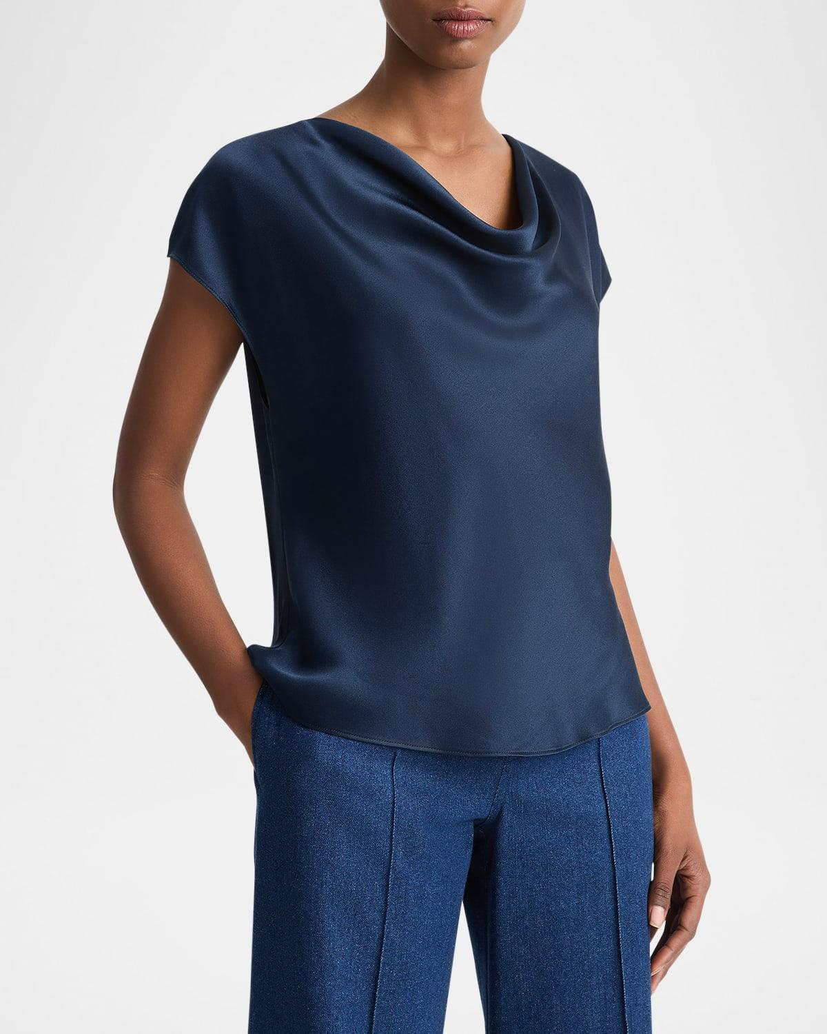 Cowl-Neck Cap-Sleeve Satin Blouse Product Image