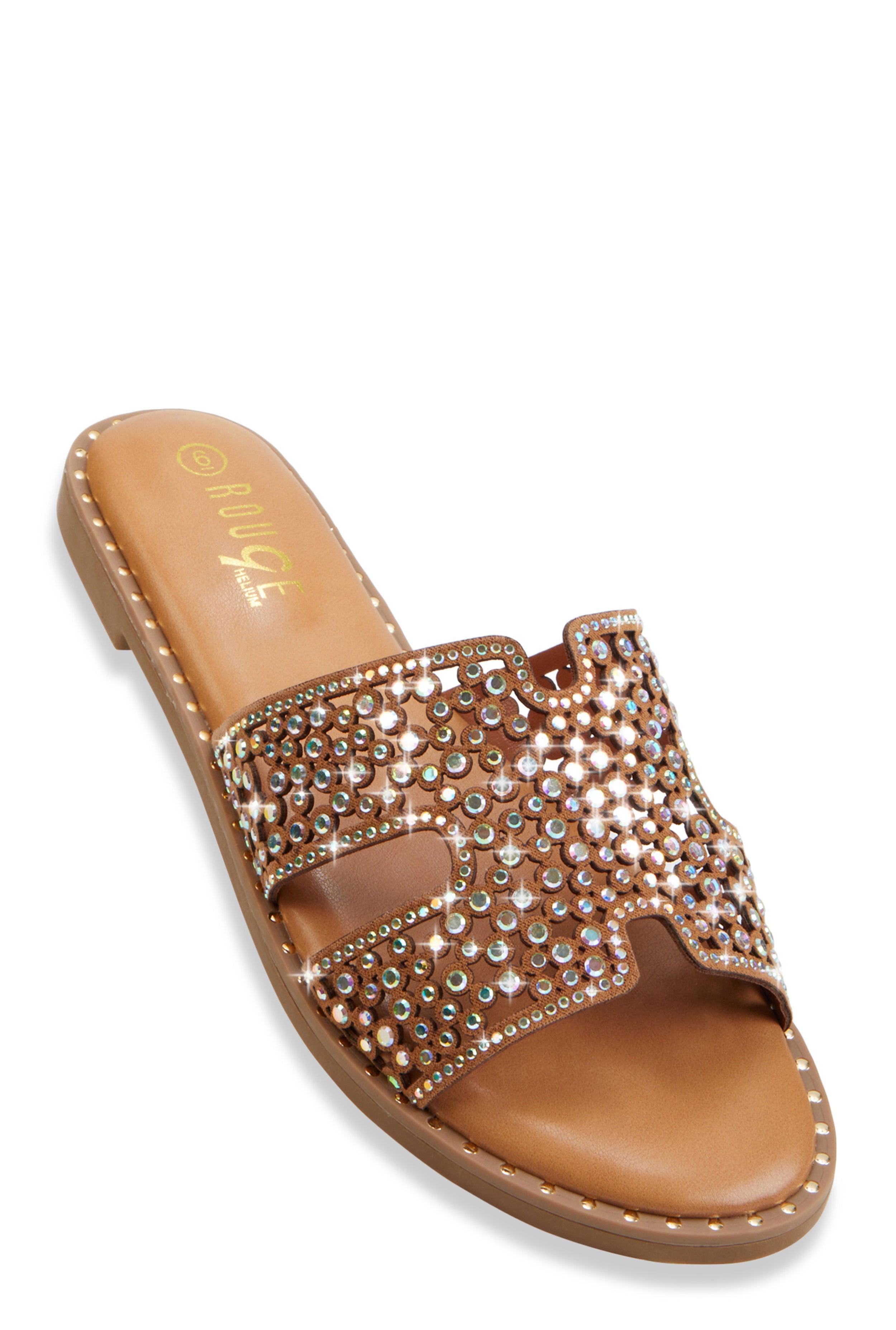 Womens Rhinestone Studded Cut Out Band Slide Sandals Product Image