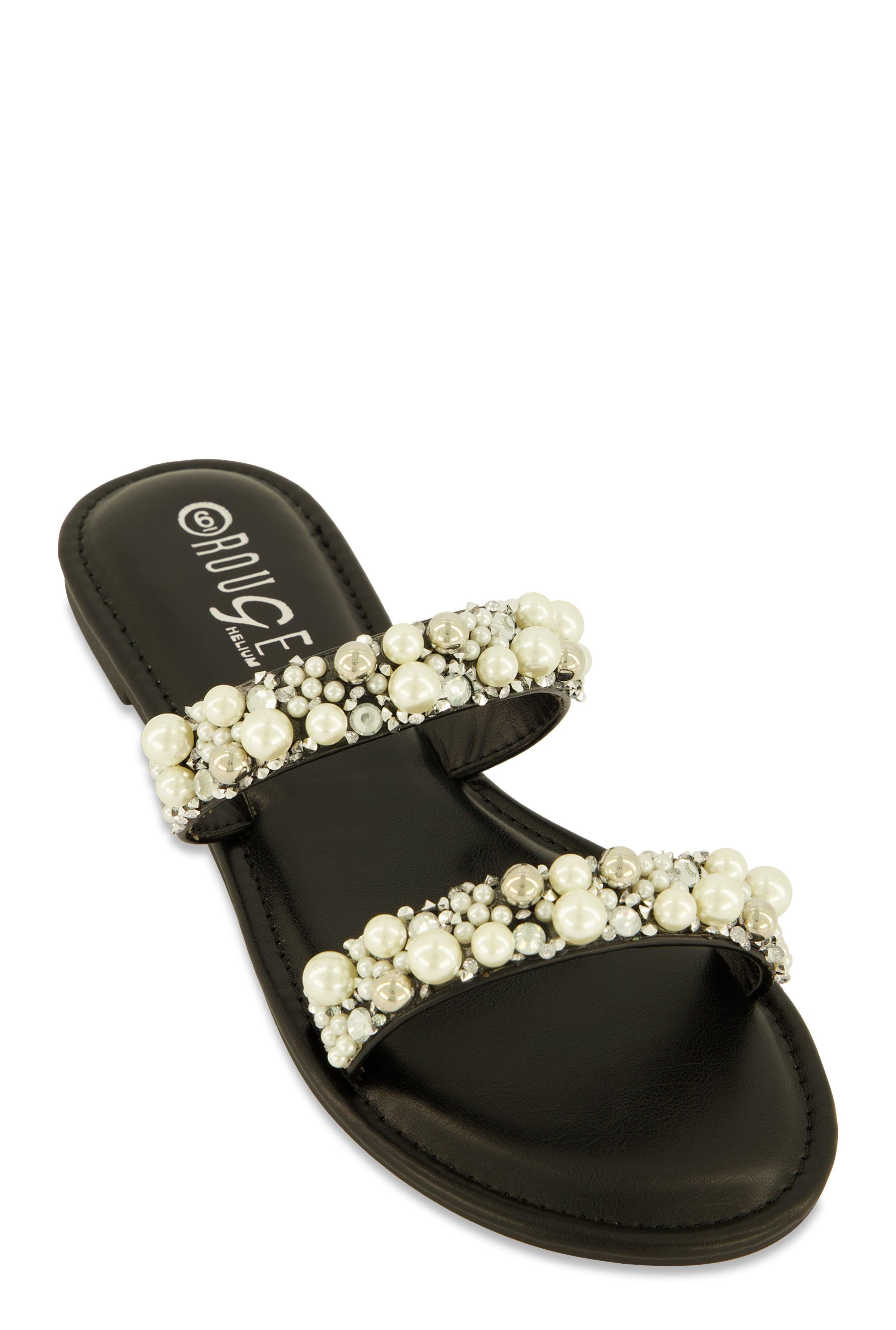 Womens Faux Pearl Rhinestone Double Band Slide Sandals Product Image