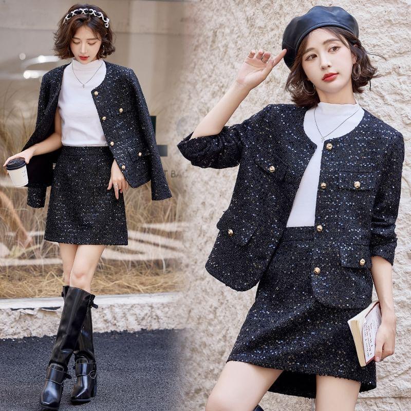 Set: Round Neck Sequin Button Jacket + Elastic Waist Mini A-Line Skirt Product Image