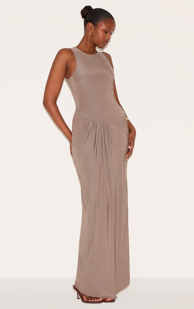 Mocha Double Layer Slinky Drop Waist Ruched Maxi Dress Product Image