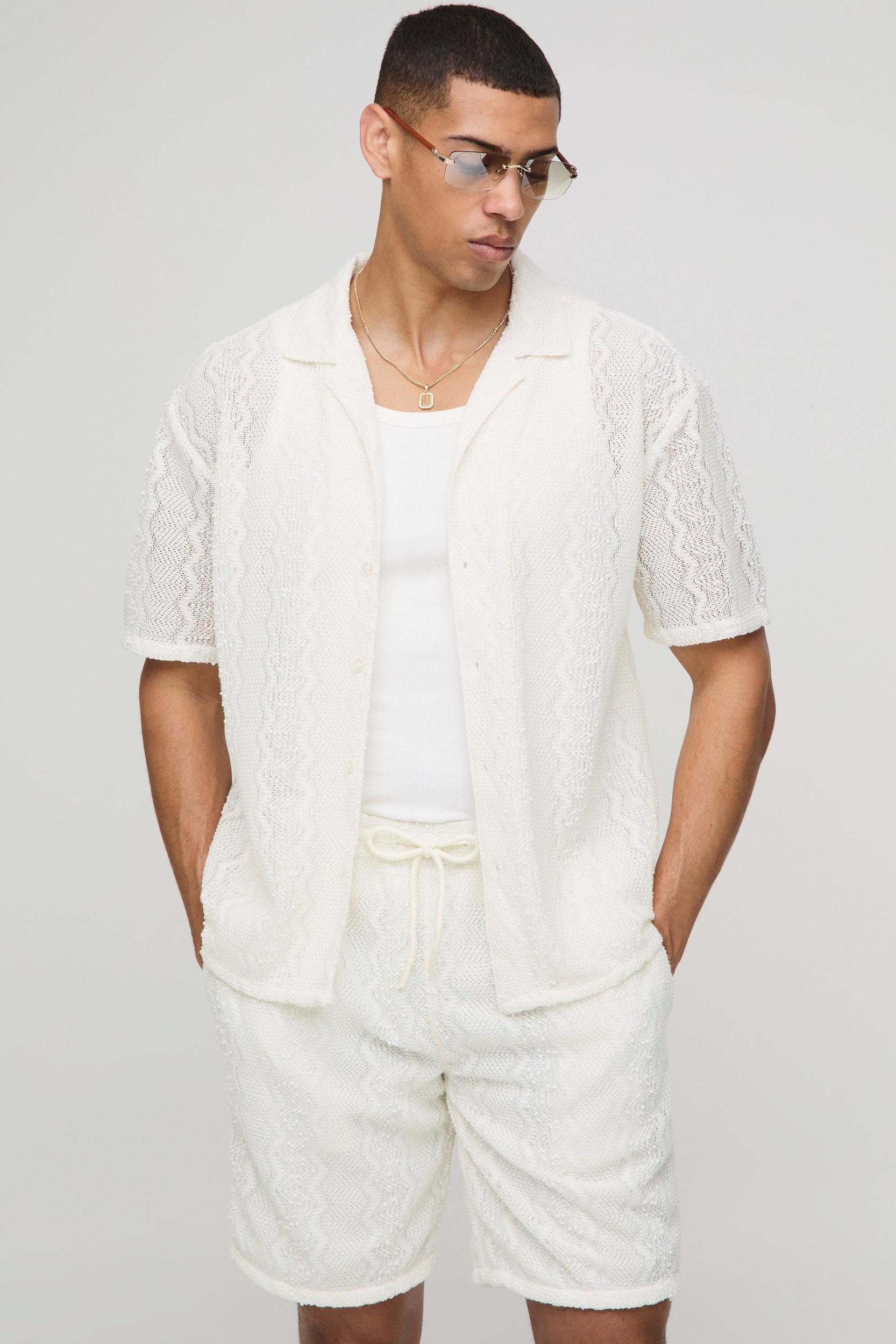 Oversized Drop Revere Open Weave Shirt & Short Set | boohooMAN USA Product Image
