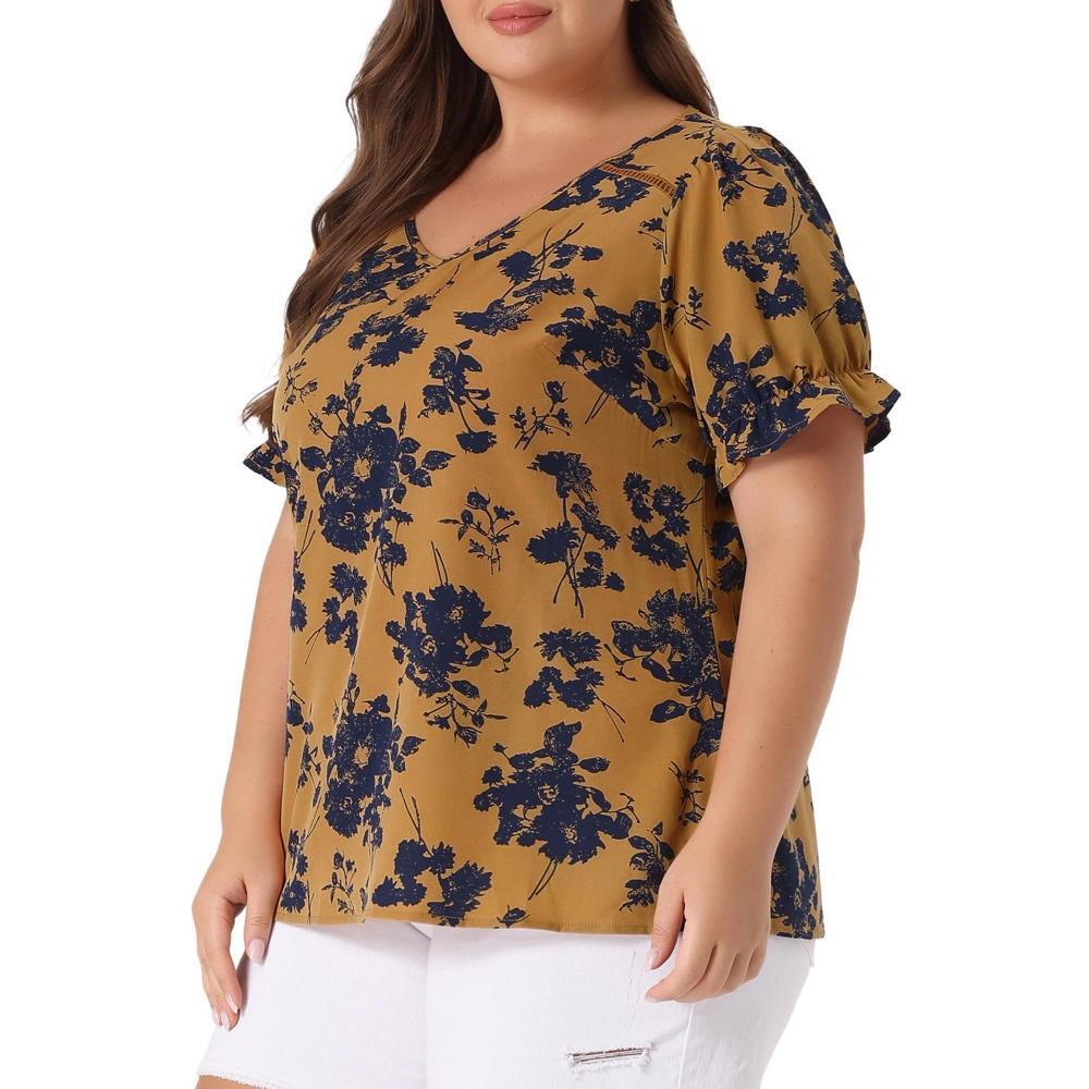 Agnes Orinda Women's Plus Size V Neck Ruffle Sleeve Floral Summer Casual Blouses Product Image