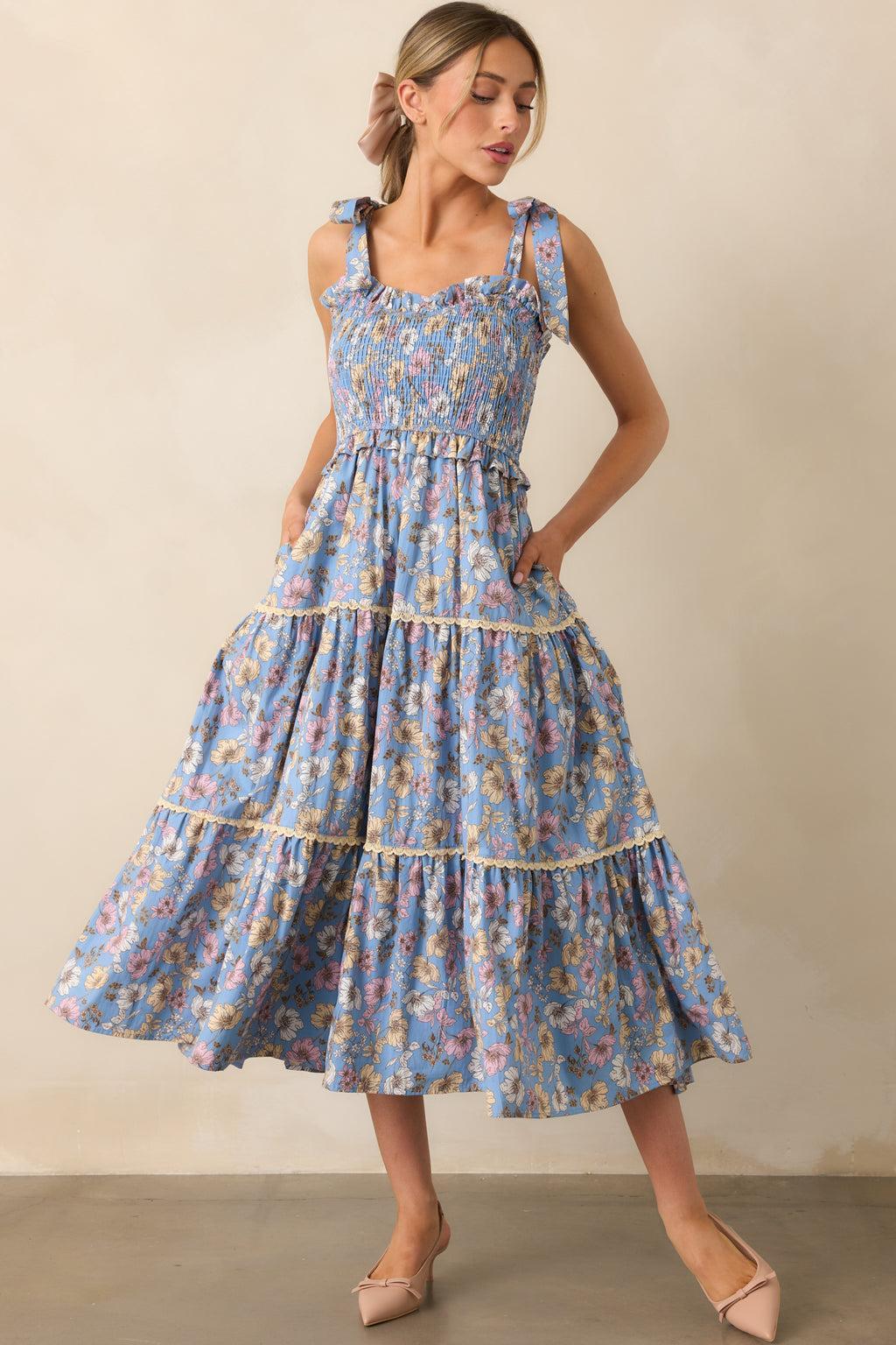 Living A Slow Life Cotton Ash Blue Floral Midi Dress Product Image