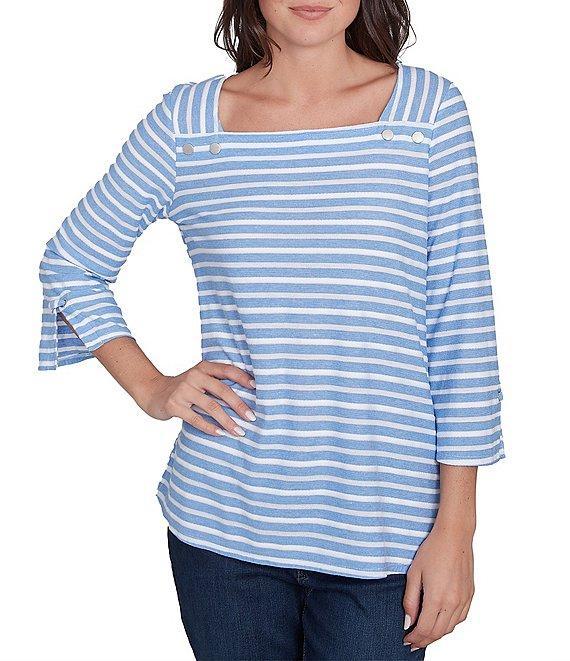 Ruby Rd. Ribbon Stripe Print Knit Square Button Trim Detail Neck 3/4 Bell Sleeve Top Product Image