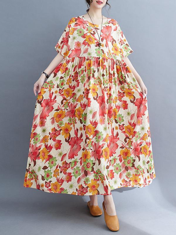 Loose Short Sleeves Pleated Printed Split-Joint Round-Neck Midi Dresses Product Image