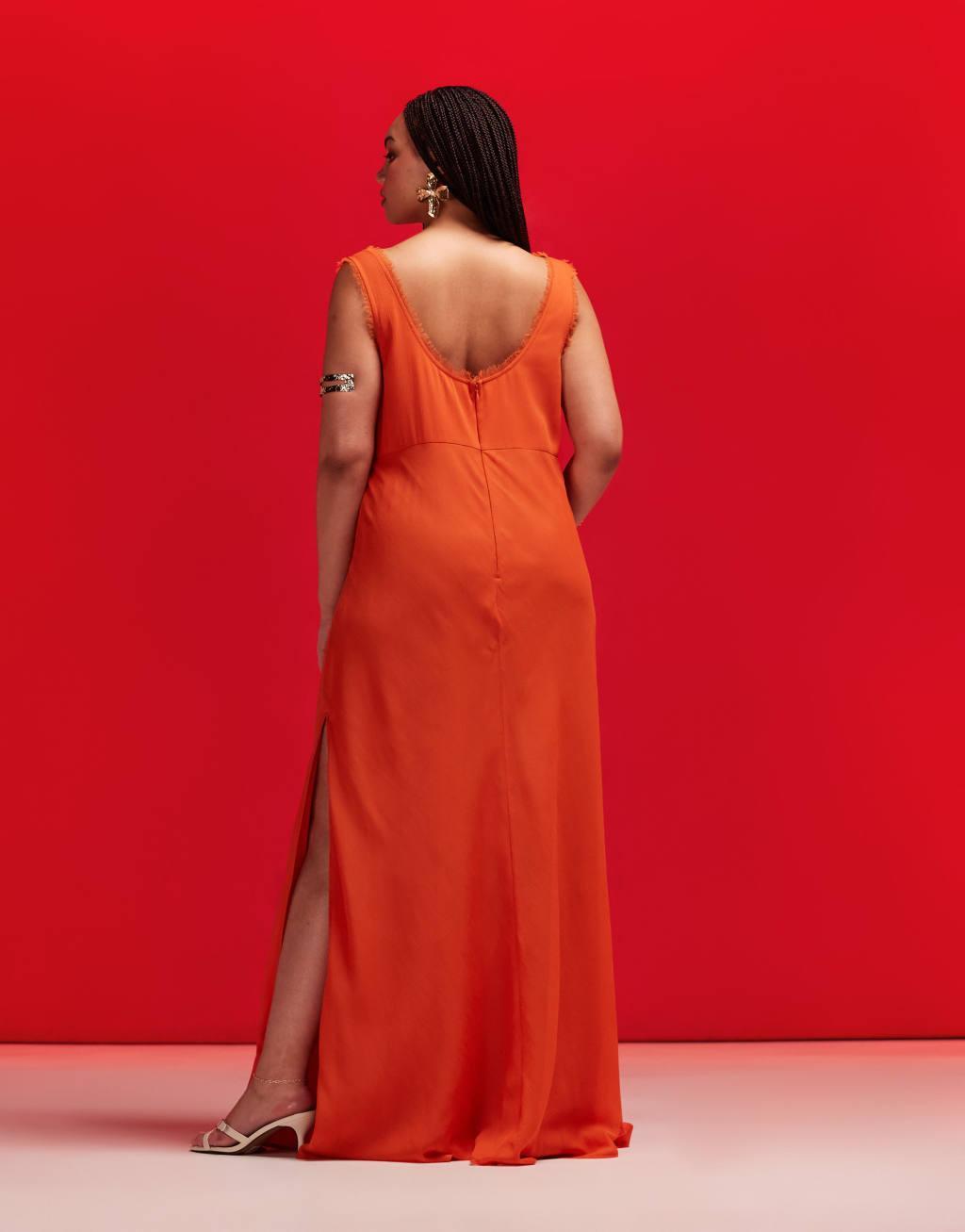 ASOS DESIGN Curve scoop neck raw edge bias maxi dress in burnt orange Product Image