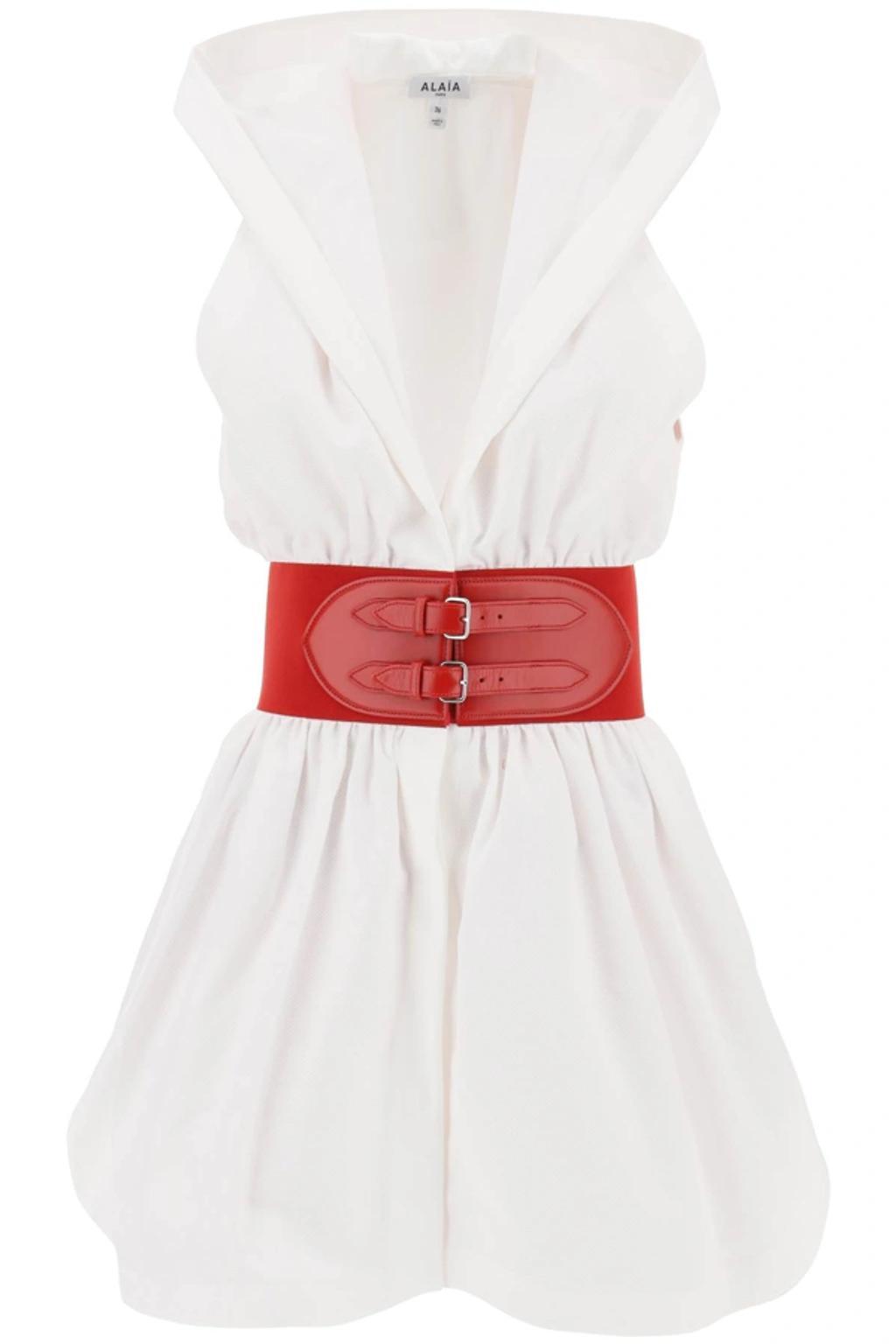 ALAÏA Belted Cotton Poplin Minidress In White Product Image