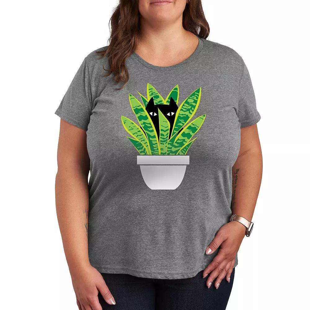 Plus Cat In Potted Plant Graphic Tee, Women's, Size: 2XL, Grey Gray Product Image