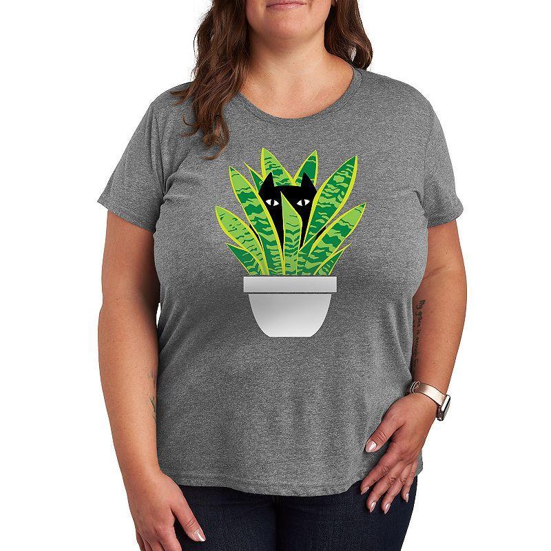 Plus Cat In Potted Plant Graphic Tee, Women's, Size: 2XL, Grey Gray Product Image