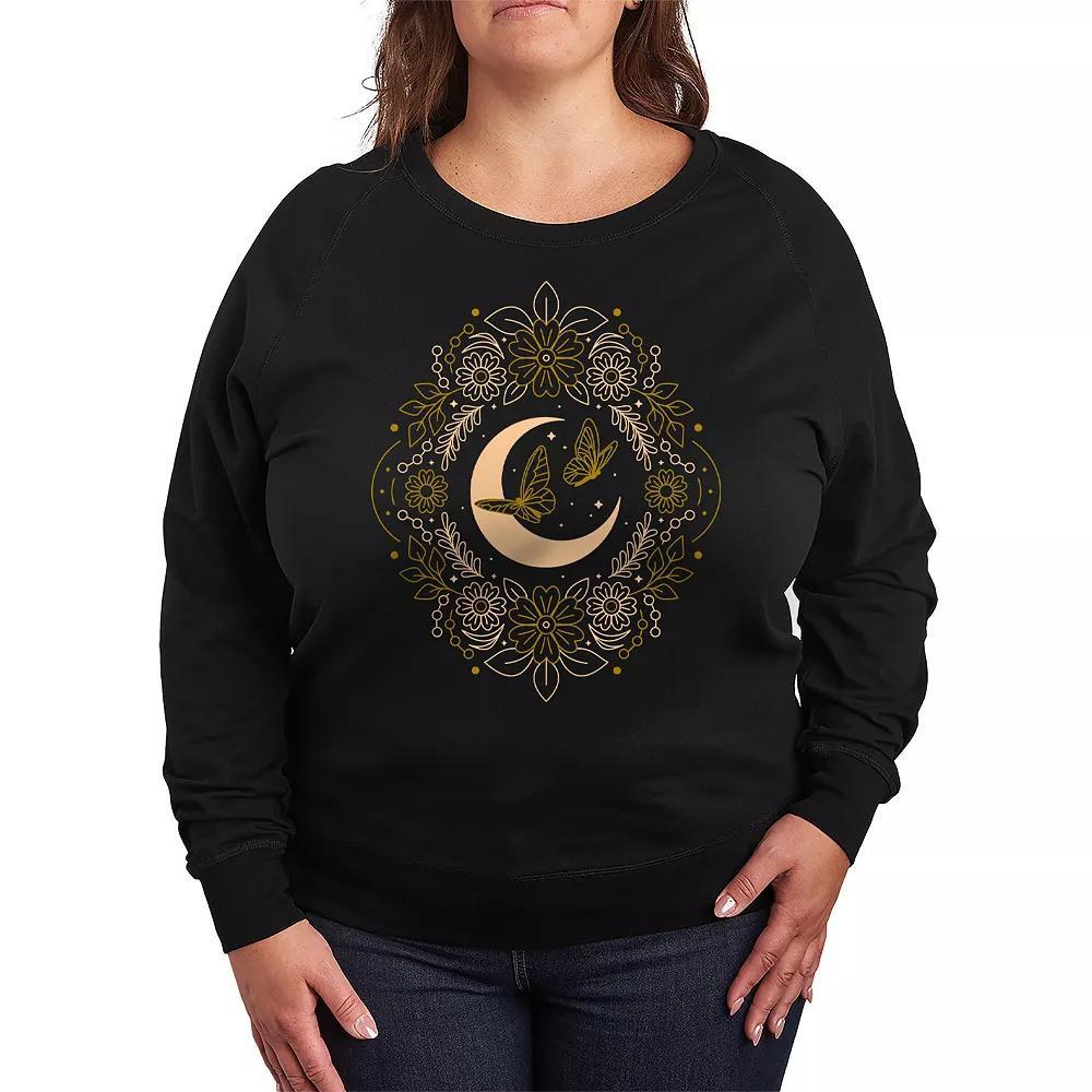 Plus Size Celestial Florals & Butterflies French Terry Long Sleeve Tee, Women's, Size: 3XL, Black Product Image