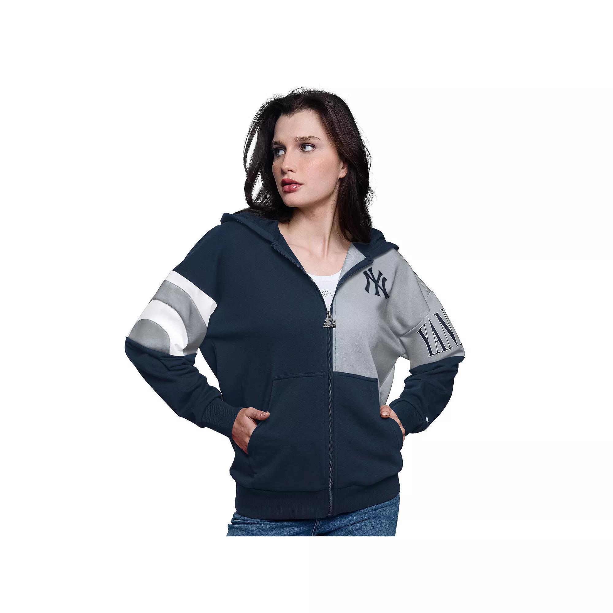 Women's Starter Navy/Gray New York Yankees Curve Ball Full Zip Hoodie Sweatshirt, Size: Small, Blue Product Image