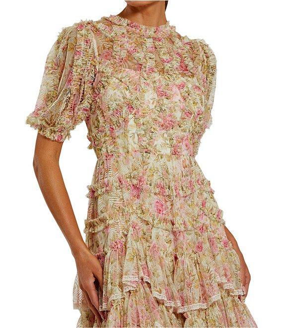 Mac Duggal Mesh Floral Print Mock Neck Short Sleeve Micro Ruffle A-Line Midi Dress Product Image