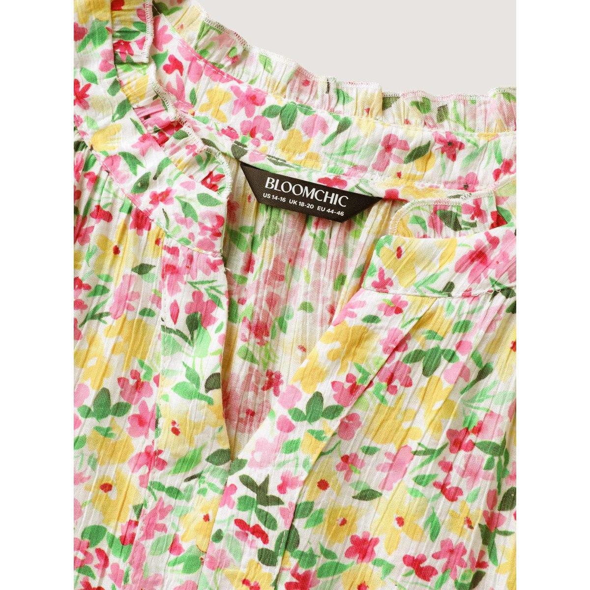 Plus Size Multicolor Floral Print Puff Sleeve Flowy Blouse Women Short sleeve Flat collar with V-notch Everyday-Elegant Blouses BloomChic 22-24/3X Product Image