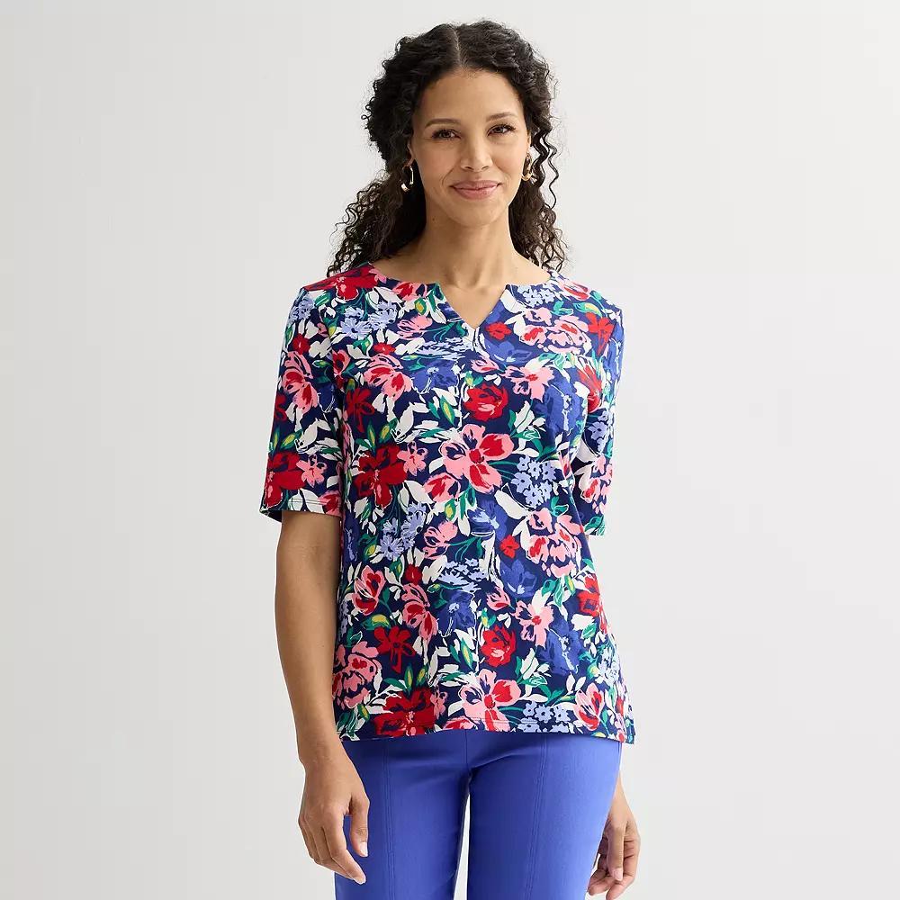 Women's Croft & Barrow® Elbow-Sleeve Splitneck Top, Size: Large, Blue Exploded Floral Product Image