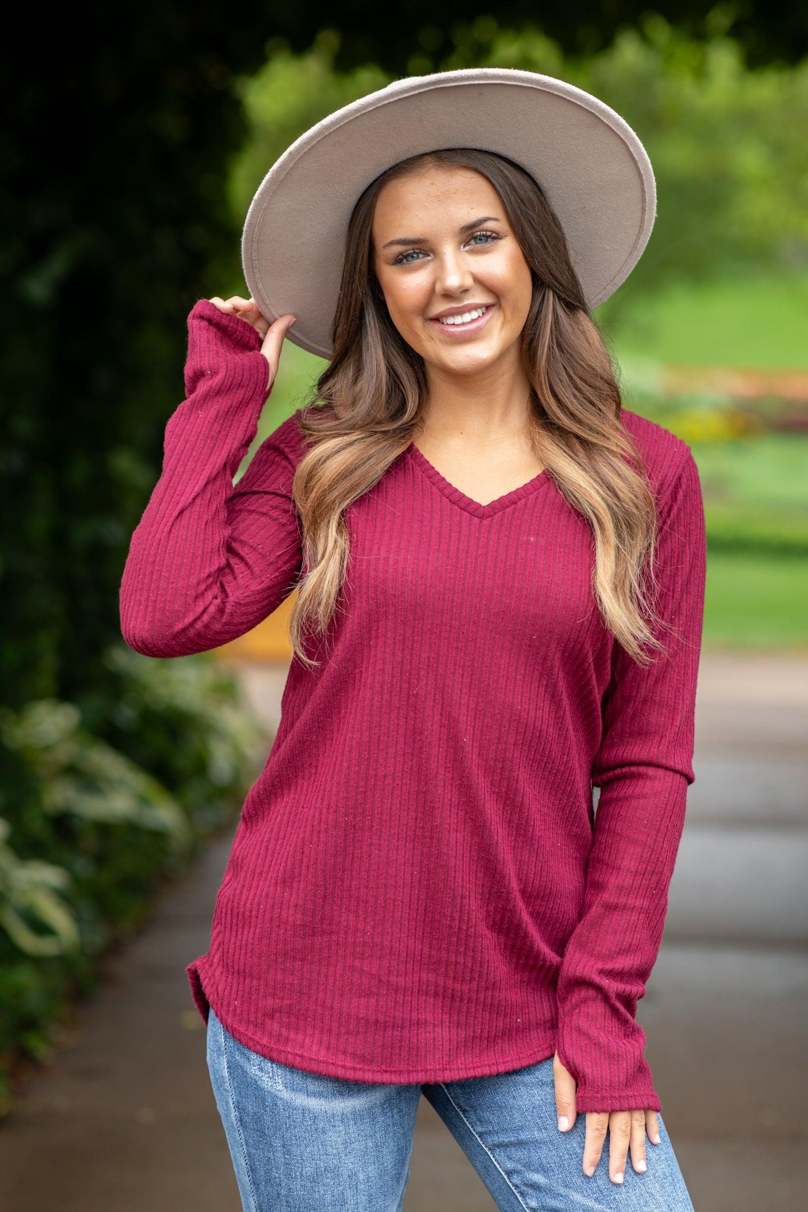 Burgundy V-Neck Ribbed Top With Thumbholes Product Image