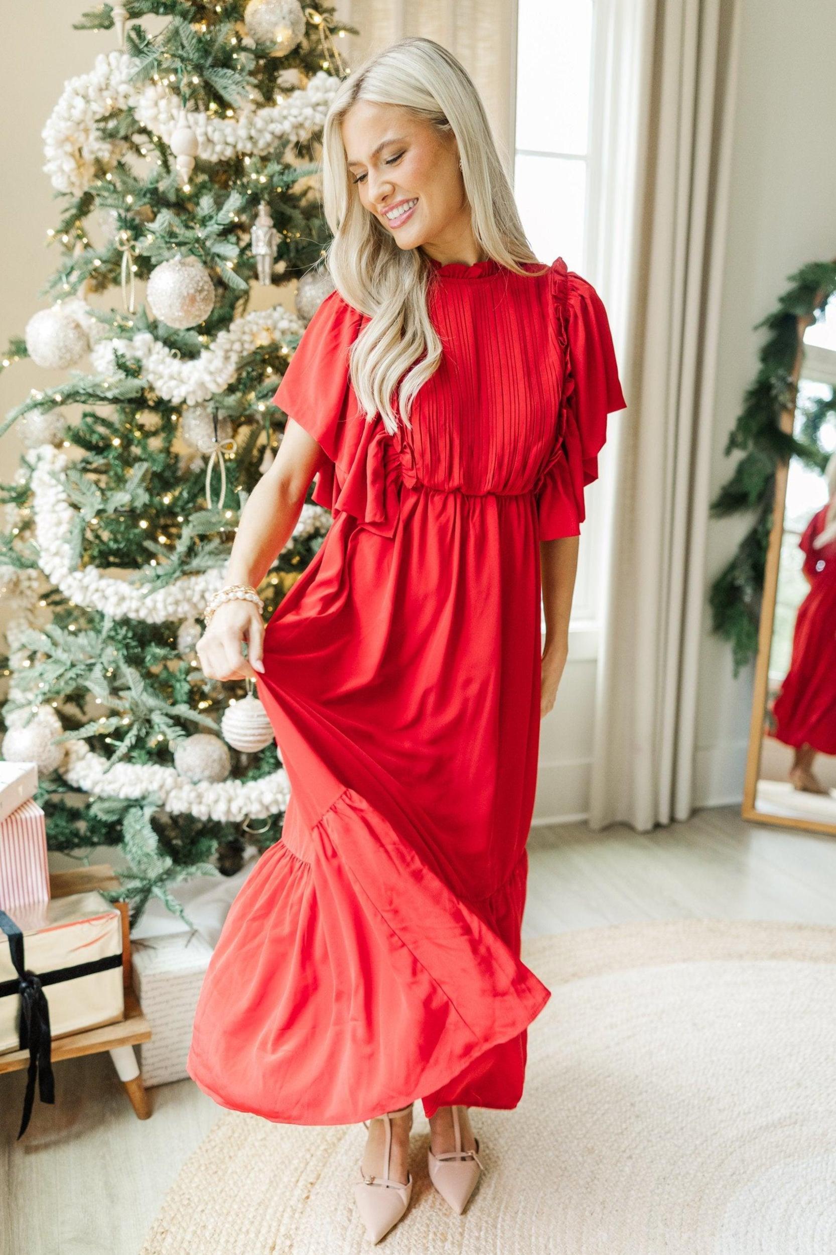 All The Good Red Ruffled Midi Dress Female Product Image