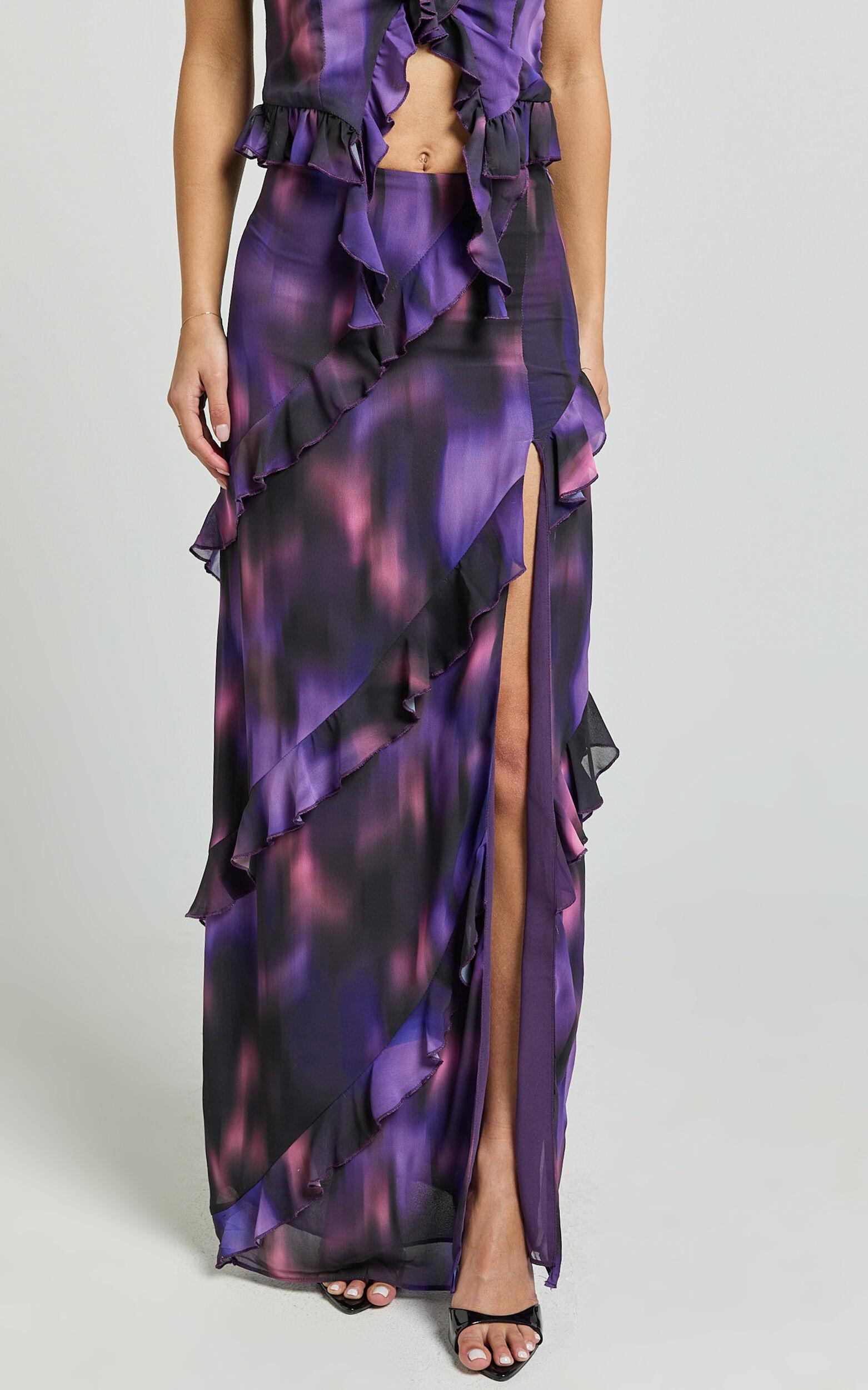 Velma Maxi Skirt - Recycled Tiered Ruffle Thigh Split Skirt in Violet Night Print Product Image