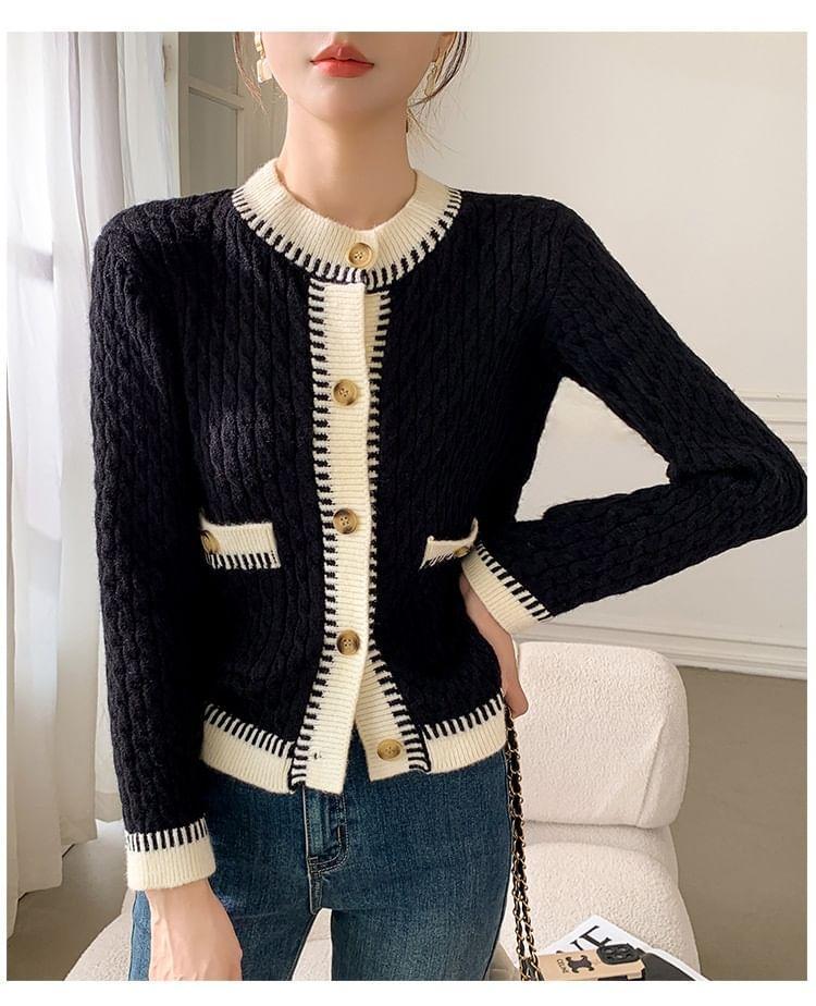 Crew Neck Contrast Trim Cable Knit Button-Up Cardigan Product Image