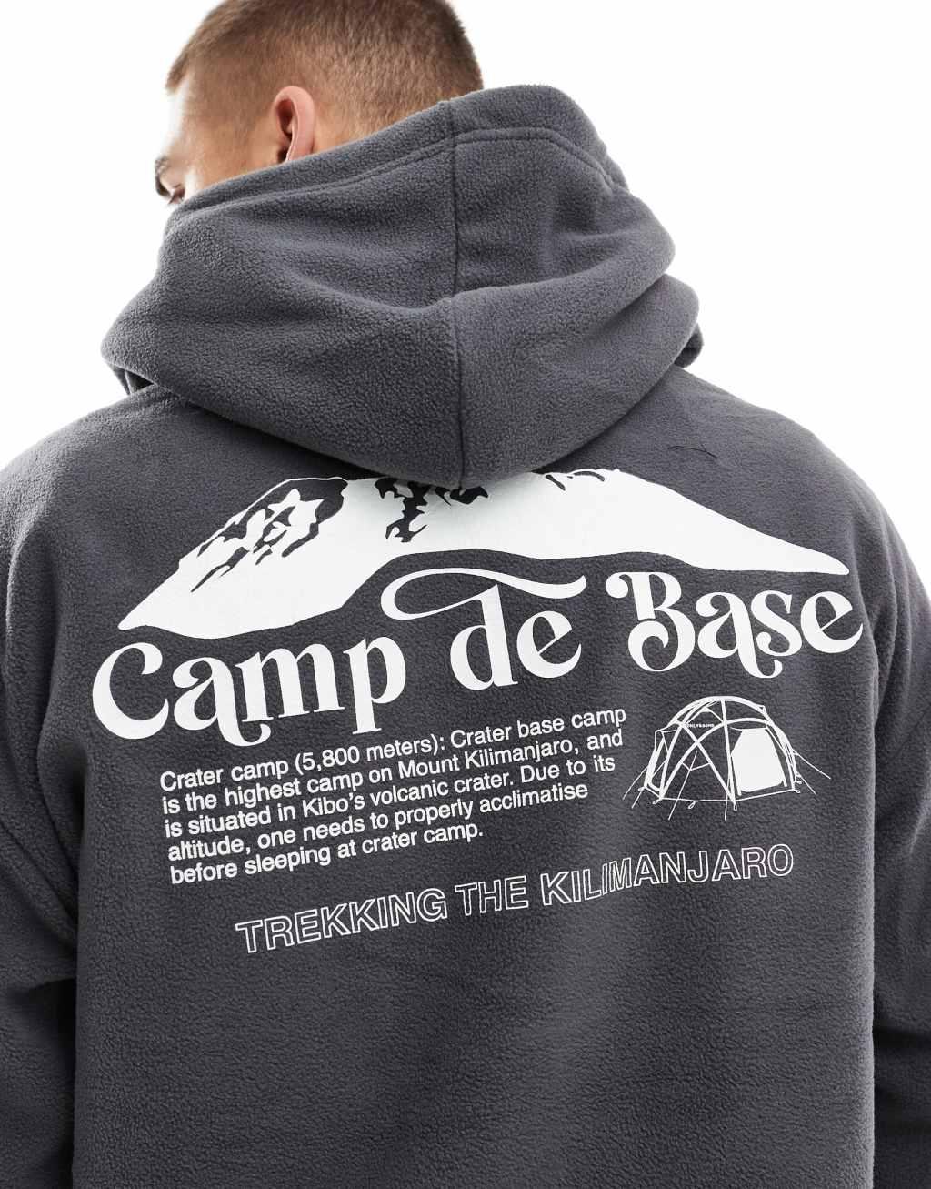 ONLY & SONS oversized fleece hoodie with base camp back print in gray  Product Image